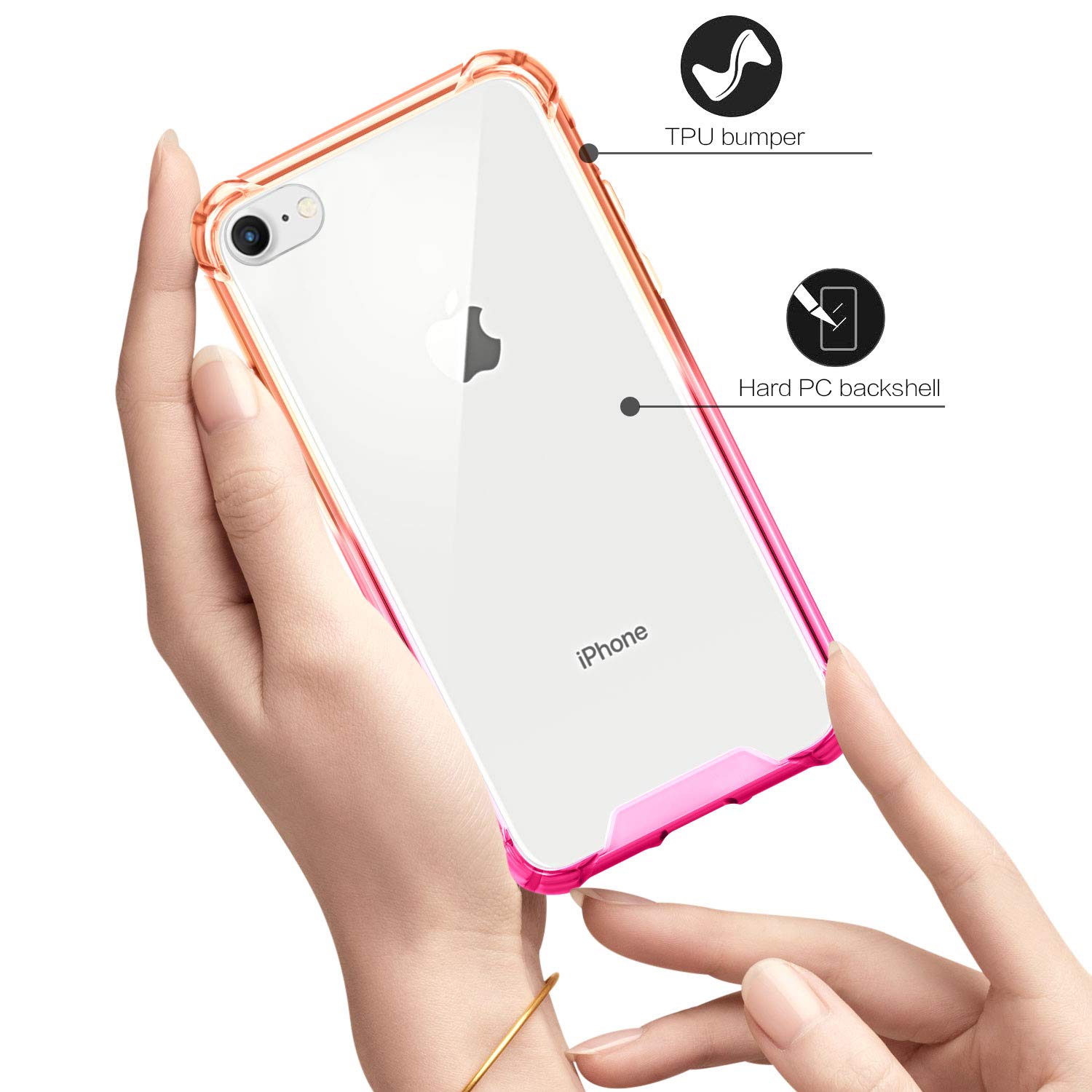 Slim Clear Shockproof iPhone SE 2020/8/7 Case - Cute Anti-Scratch TPU Bumper & Hard PC Back Cover for 4.7 Inch iPhones (Orange Pink) - Perfect for Everyday Protection & Style