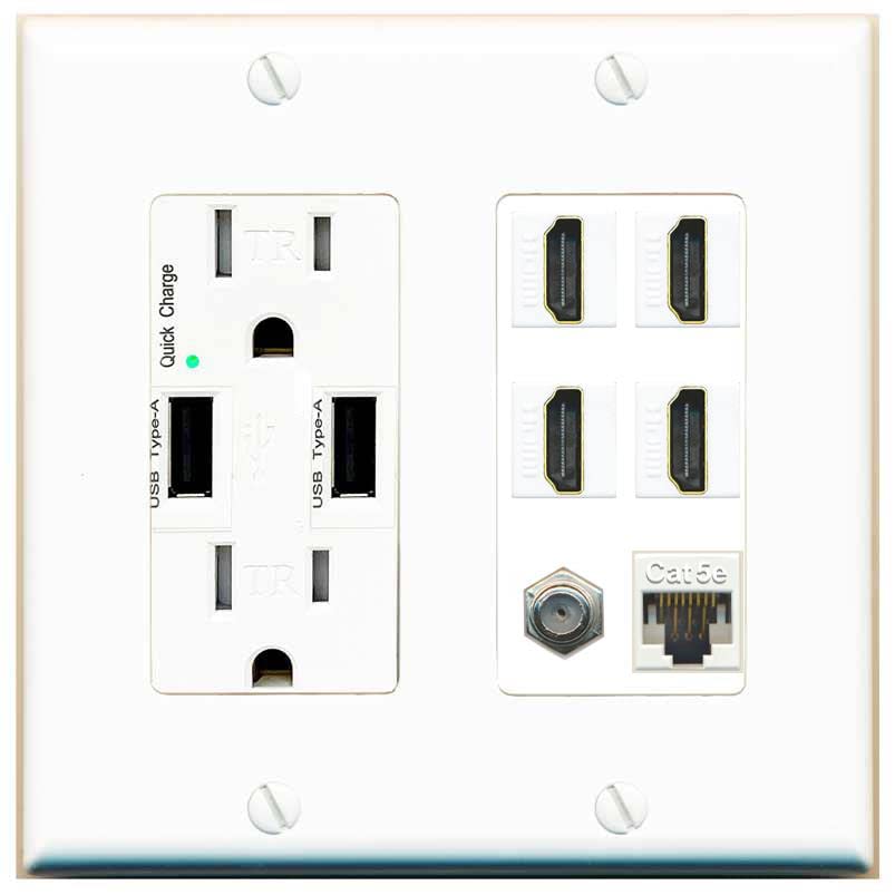 RiteAV Dual USB Charger Outlet with 4 HDMI Ports, Cat5e Ethernet & Coax Cable - 15A/125V, 3.6A Fast Charging - White Wall Plate for Home Theater & Office Setup