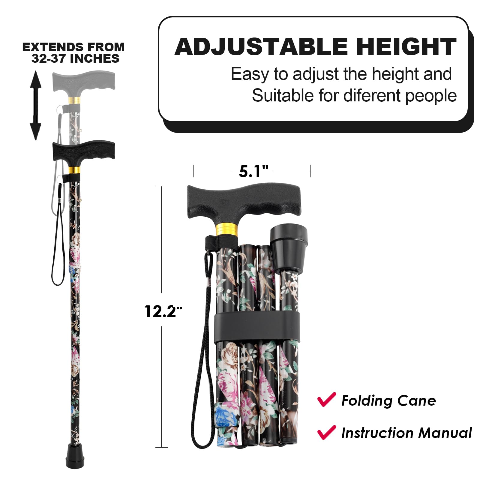 Adjustable Folding Walking Cane for Men & Women - 5-Level Height Portable Mobility Aid with Comfortable T-Handle - Ideal for Elderly Support, Injury Recovery, and Daily Walking Assistance