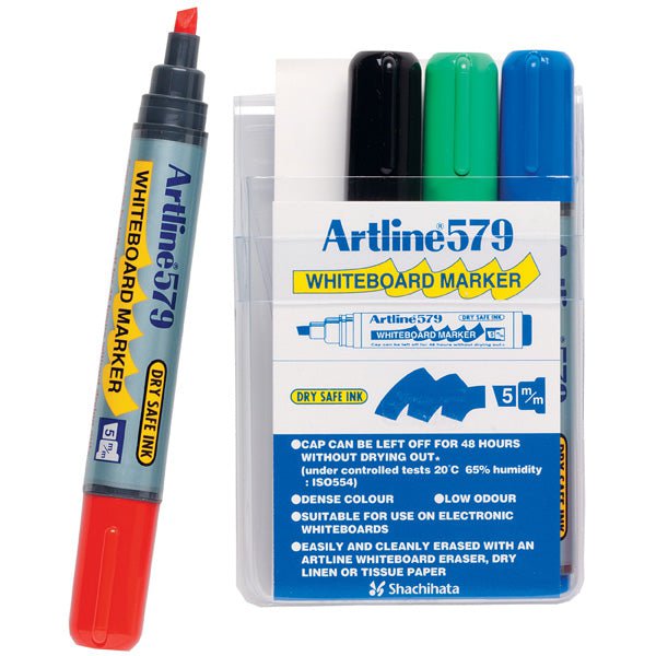 Artline 579 Whiteboard Markers 5mm Chisel Tip - 4 Pack Dry Erase Markers for Office, Classroom & Home Use - Non-Toxic, Low-Odor, Vibrant Colors