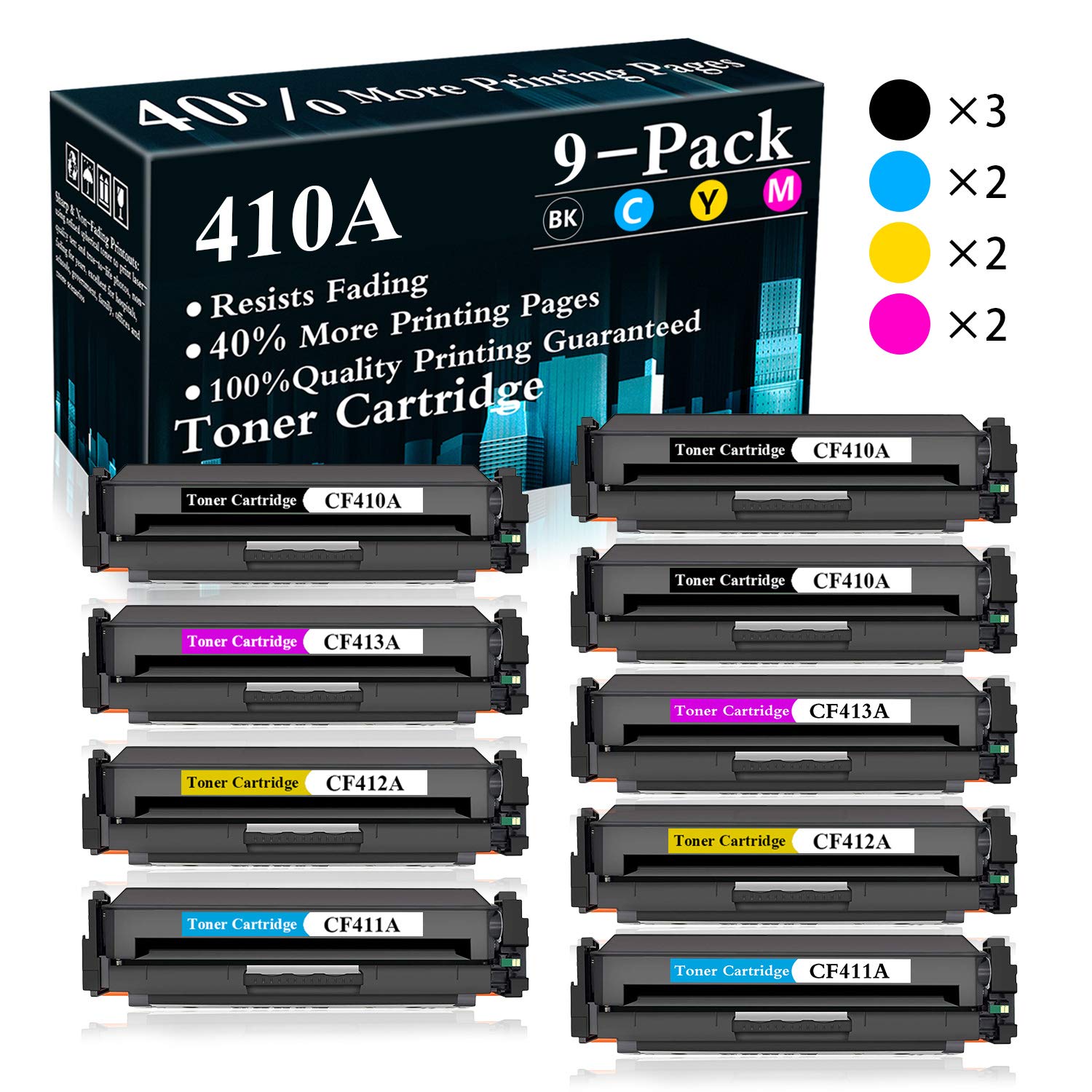 9-Pack (3BK+2C+2Y+2M) 410A Toner Cartridge Replacement for HP Color Laserjet Pro M7FP M477fdn M477fdw M477fnw M452dn M452dw M452nw MFP M377dw - Compatible with CF411A CF412A CF413A CF410A - Ideal for Office Printing & High-Volume Documents