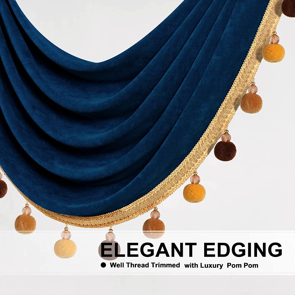 ELKCA Navy Blue Velvet Waterfall Valance - Single Hollow Swag Curtain Panel with Rod Pocket for Living Room & Kitchen - Elegant Window Treatment for Home Decor