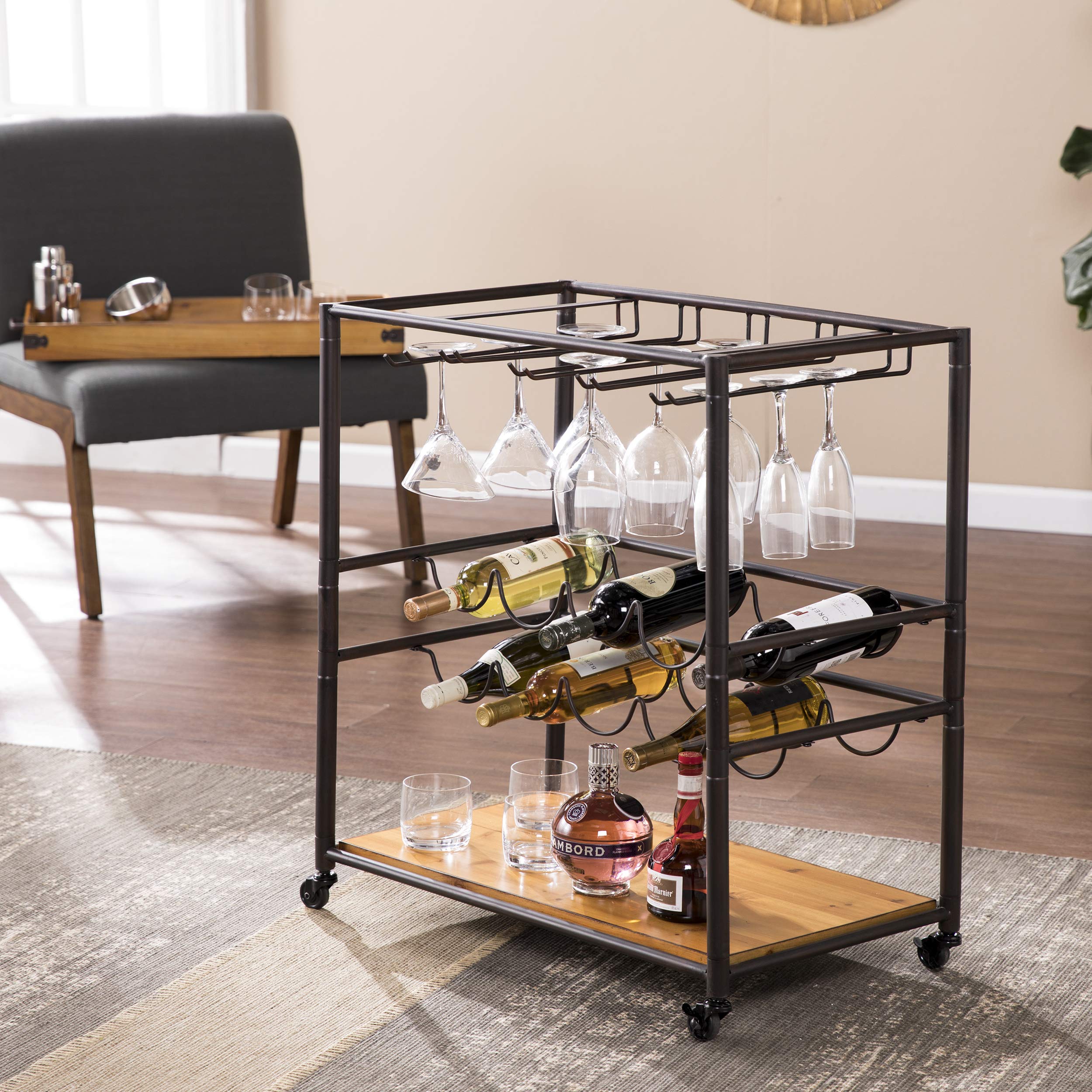 SEI Furniture Southern Enterprises Mayson Bar Cart - Black/Natural Wood Rolling Serving Cart for Home, Office & Outdoor Entertaining