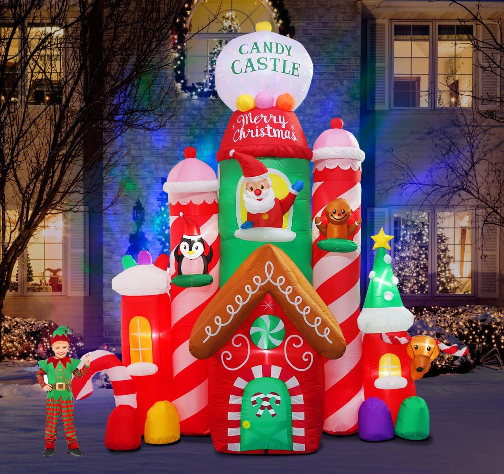 10FT Tall Christmas Inflatable Candy Castle with Santa, Gingerbread & Penguin - Giant Outdoor Holiday Decoration for Yard, Lawn & Garden - Perfect for Christmas Party Decor & Neighborhood Displays