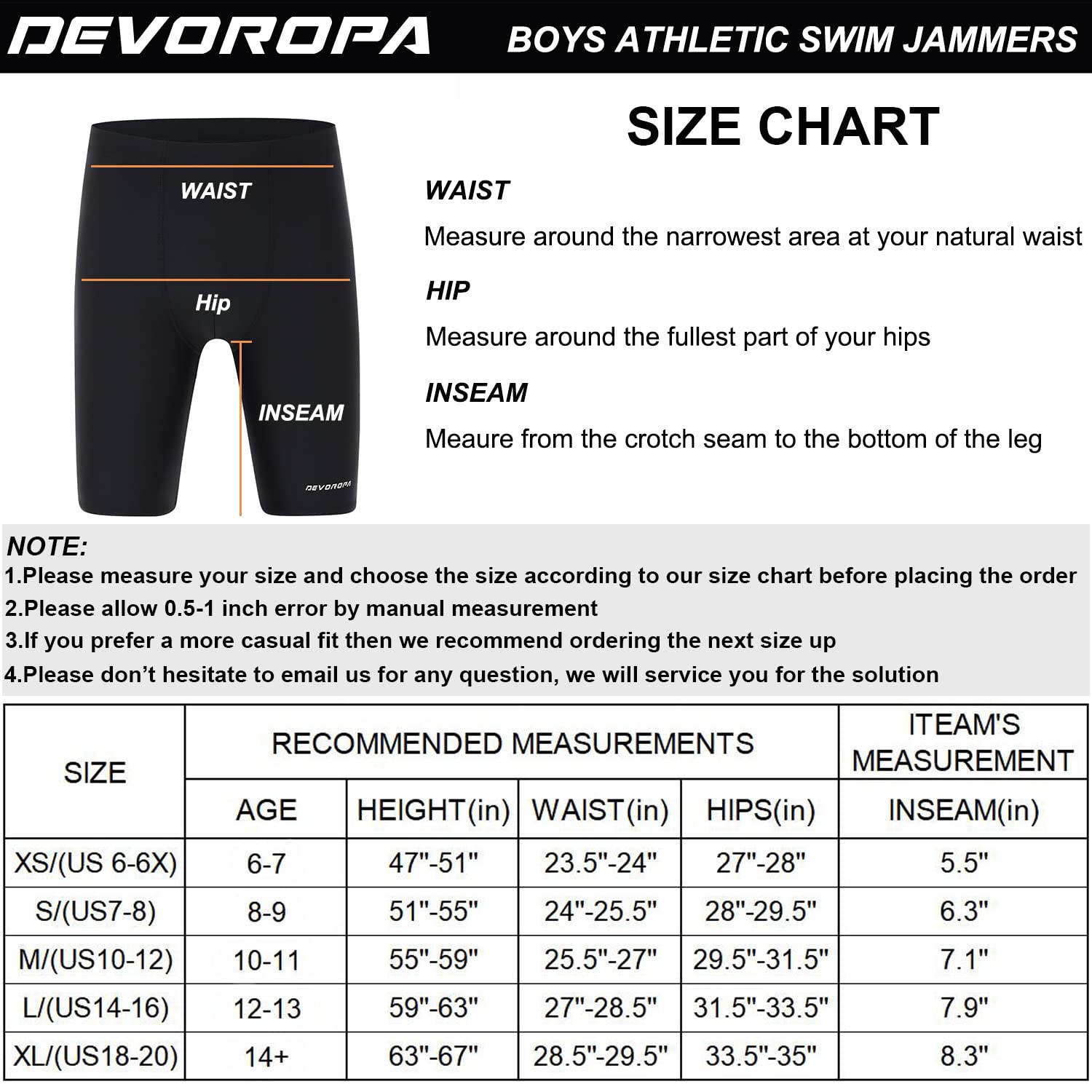 DEVOROPA Youth Boys Swim Shorts - UPF 50+ Nylon Square Leg Swim Trunks for Swimming, Beach & Pool Activities | Quick Dry Comfortable Swimwear for Boys