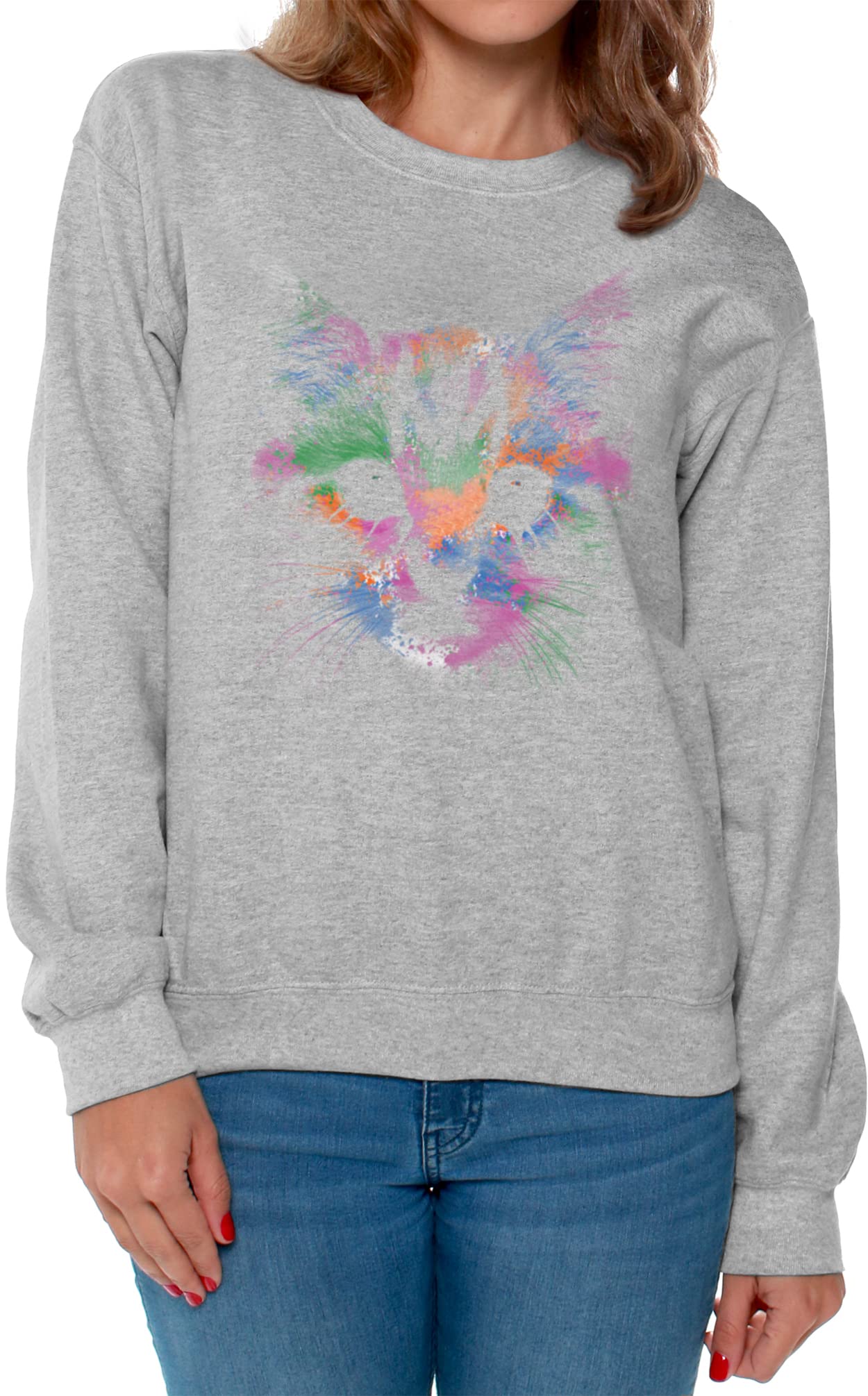 Awkward Styles Women's Neon Kitten Face Graphic Crewneck Sweatshirt - Cute Animal Print Pullover for Casual Wear, Street Style & College Outfits