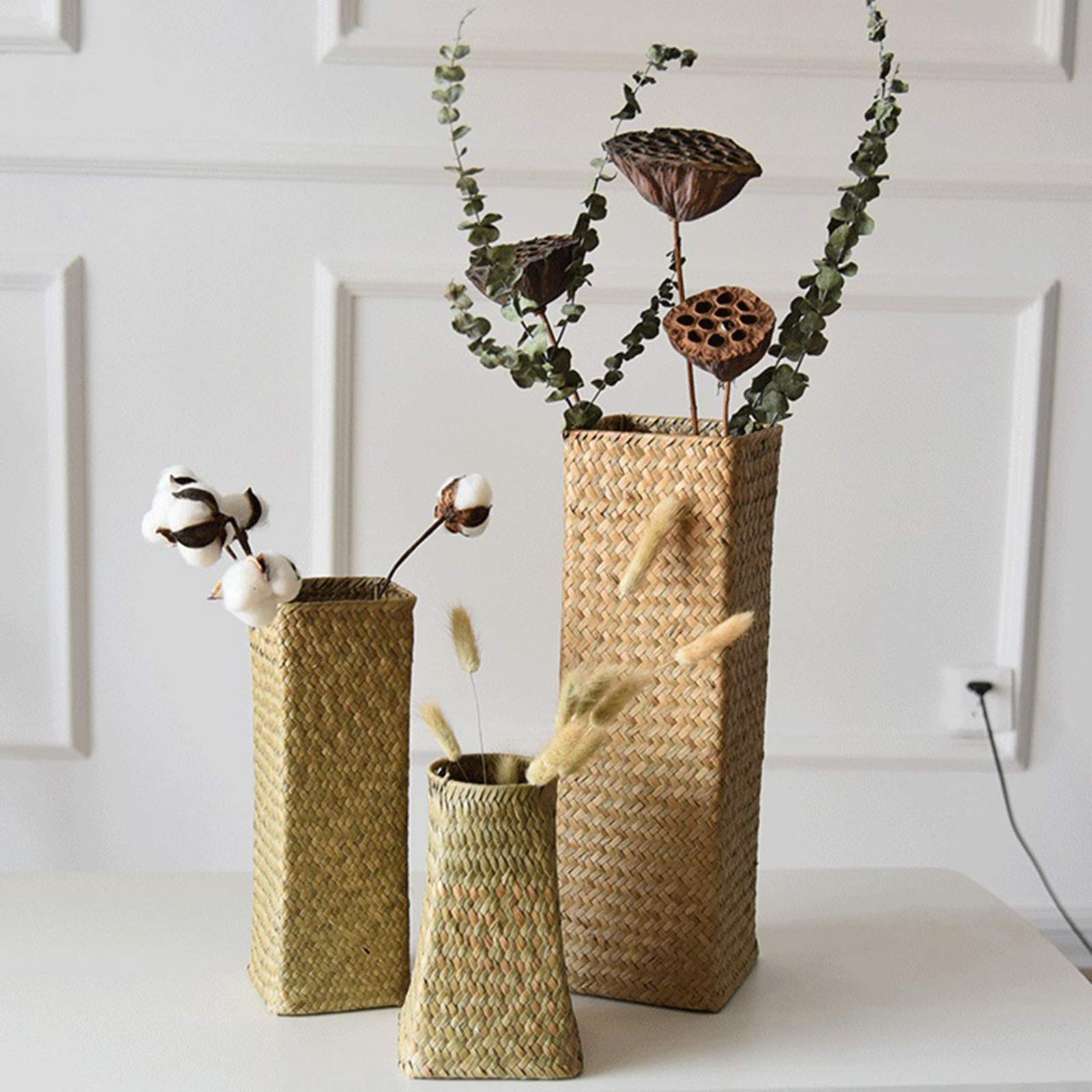 Handwoven Rattan Flower Vase - Natural Bamboo Basket for Home Decor | Tall White Decorative Vase for Flowers, Fruits & Centerpieces | Perfect for Boho, Farmhouse & Coastal Style Living Rooms, Bedrooms & Weddings