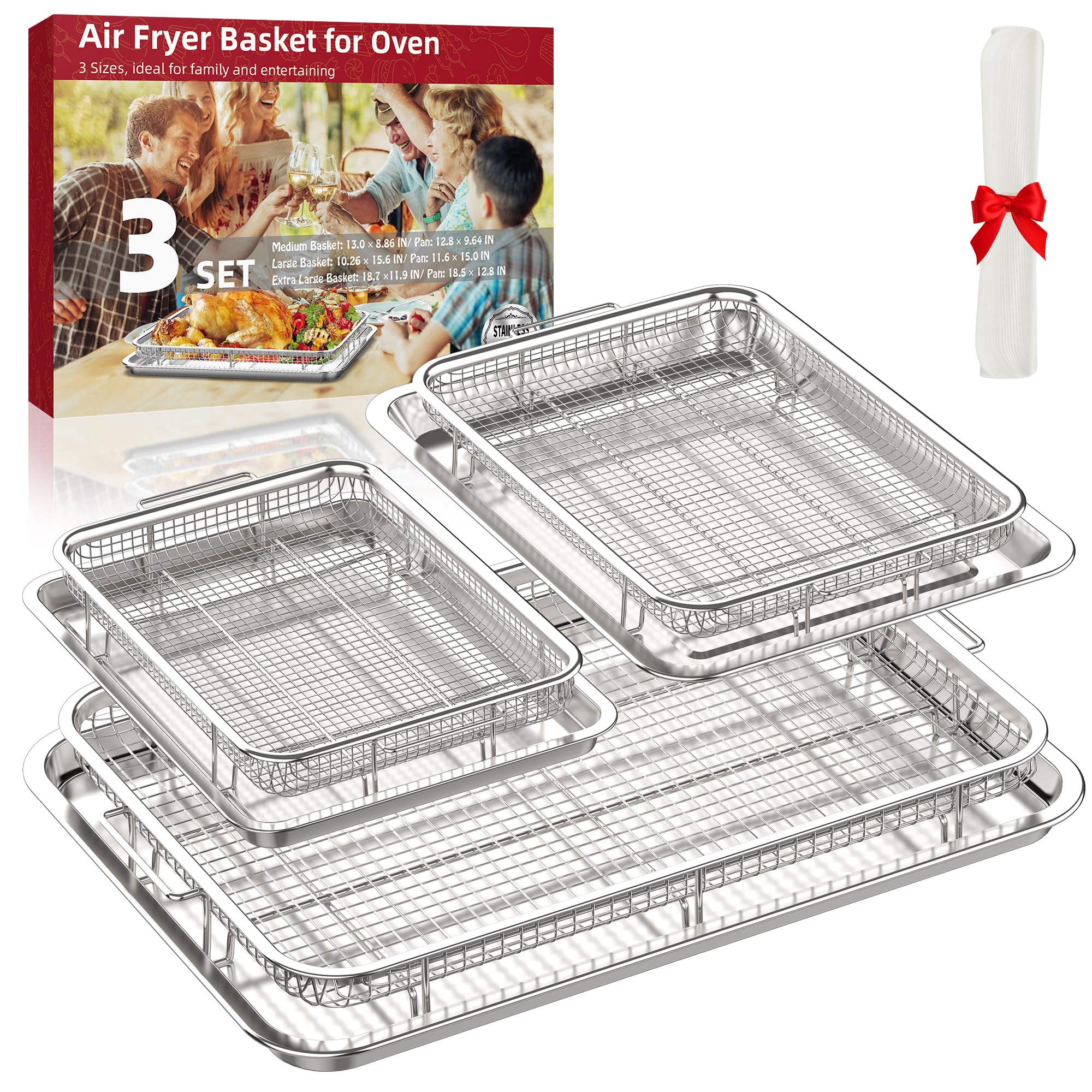 Stainless Steel Air Fryer Basket Set for Oven - 3-Piece Nonstick Oven Air Fryer Pans with Crisper Tray & 90 PCS Parchment Papers (18.7