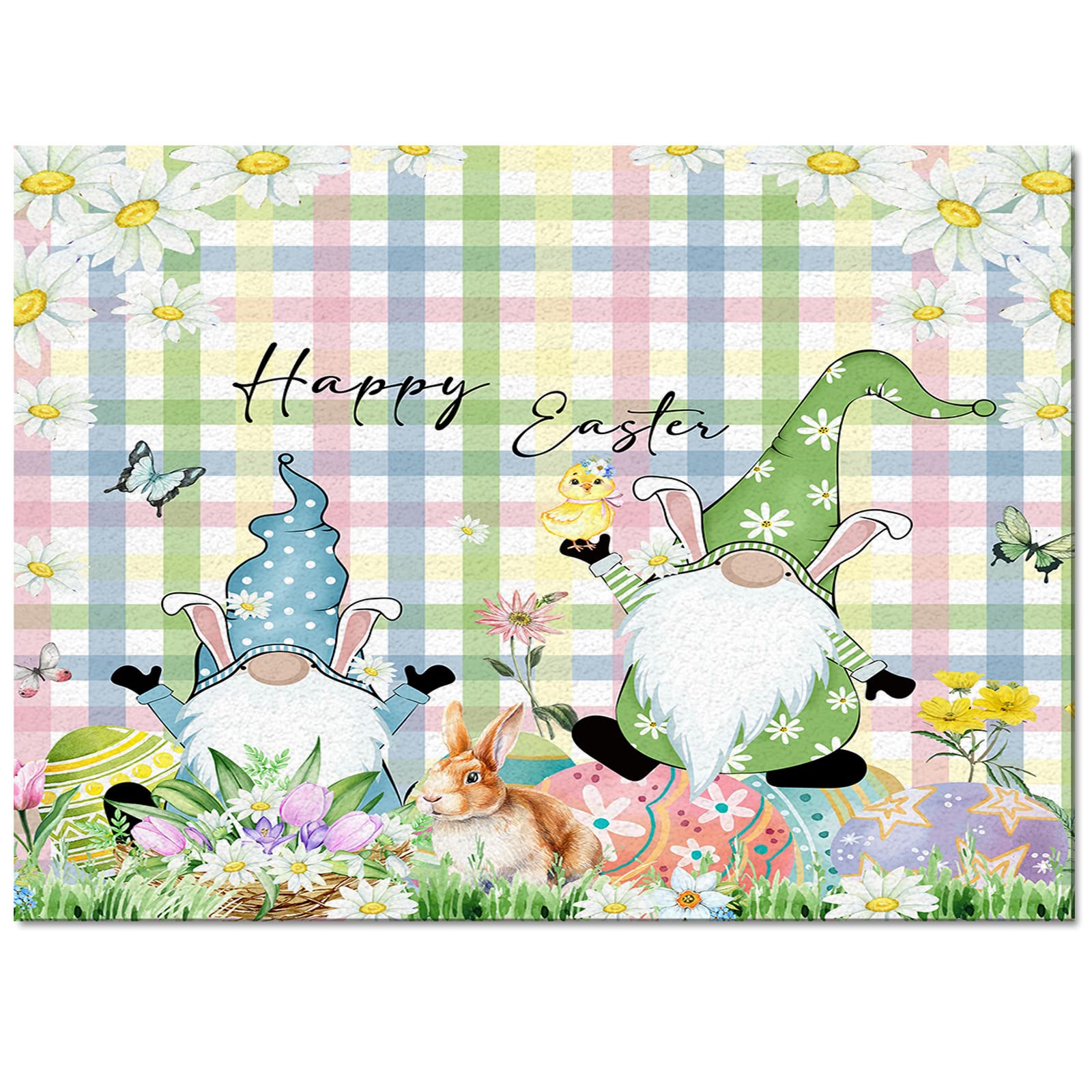 Waterproof 4'x6' Outdoor Patio Rug - Non-Slip Washable Floor Mat for Dining Table, Bathroom, Kitchen & Laundry Room - Cute Easter Gnome Design with Colorful Lattice Pattern - Perfect for Spring Decor, Garden Parties & Indoor/Outdoor Use