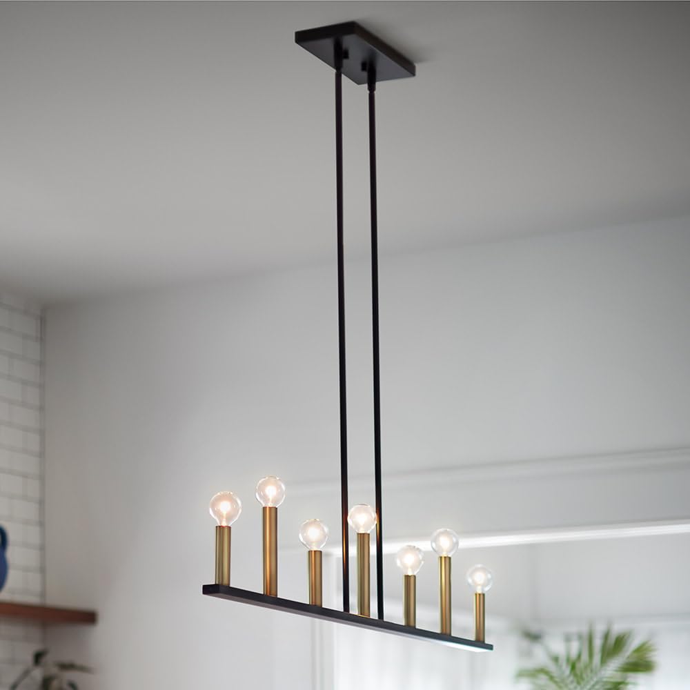 Lark Lazlo 83156BK 7-Light Dimmable Linear Chandelier with Candle-Style Sockets in Black & Lacquered Brass - Perfect for Dining Room, Kitchen Island, or Entryway Lighting