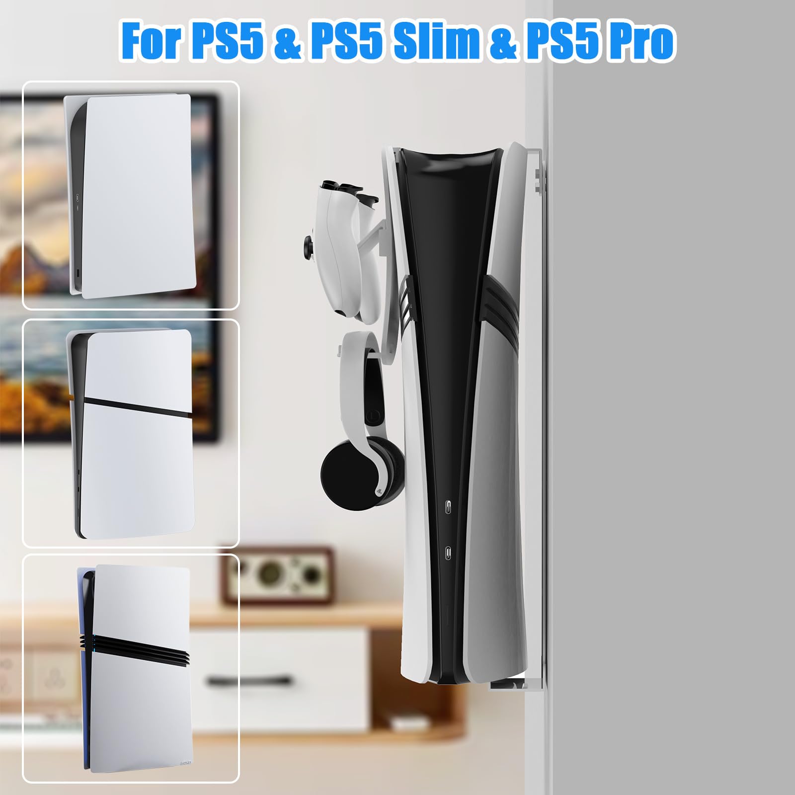 PS5 Slim Wall Mount Bracket - Heavy Duty Steel Wall Mount for PlayStation 5 Slim with Controller Headset Holder (White) | Perfect for Gaming Room Setup & Space-Saving Console Storage