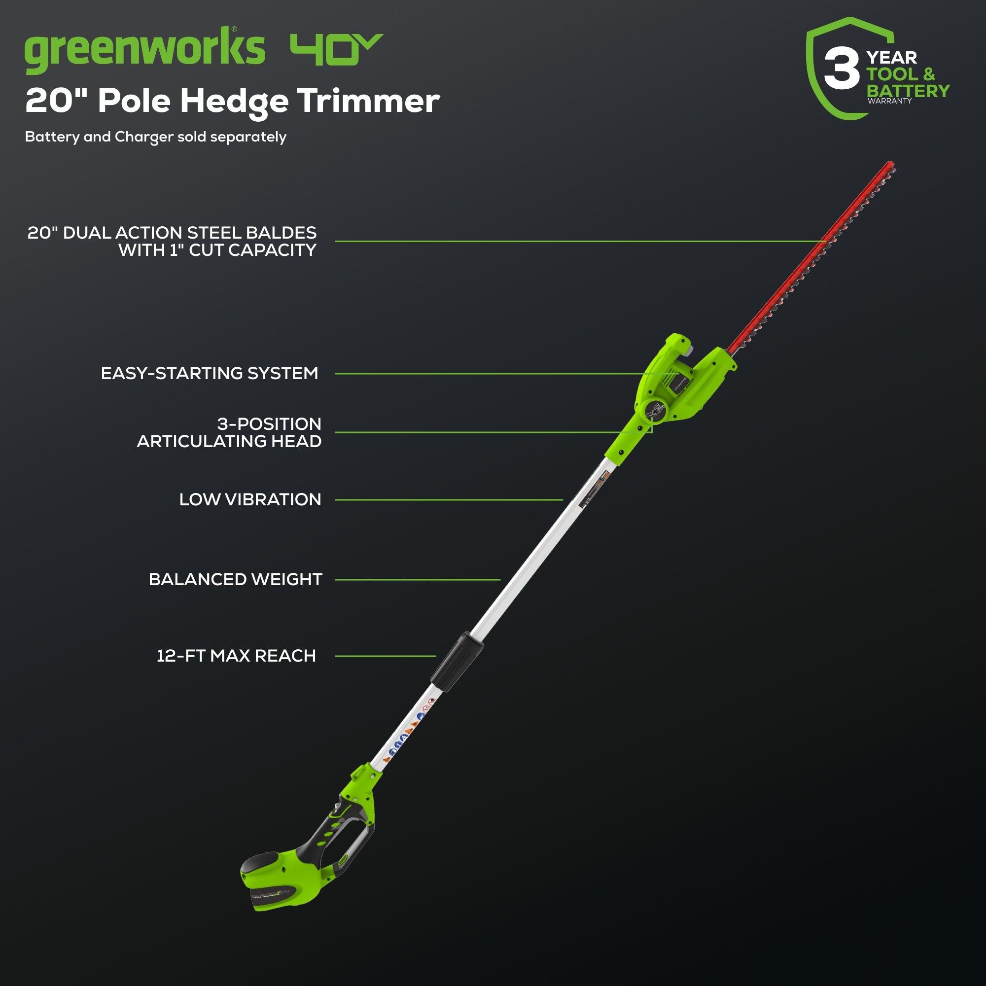 40V 20-Inch Cordless Battery Pole Hedge Trimmer (Tool Only) - Perfect for Landscaping, Tree Trimming & Garden Maintenance