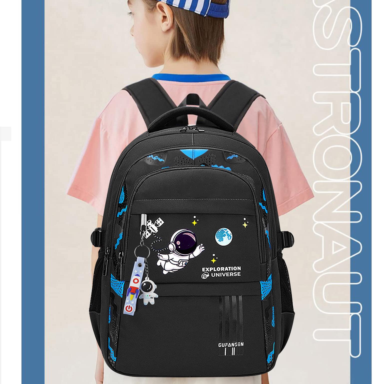 Astronaut Themed Backpack for Boys & Teens - Large Capacity School Backpack for Elementary & Middle School Students (Black) - Perfect for School, Travel & Outdoor Adventures