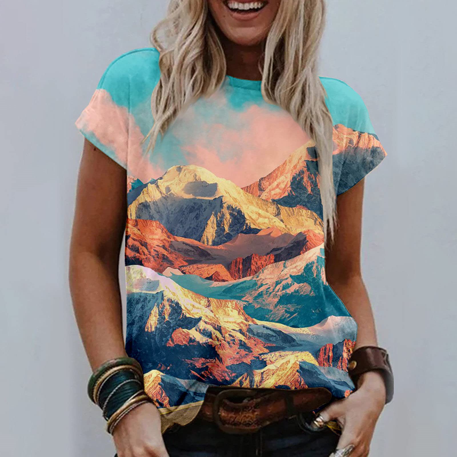 Women's Casual Round Neck Printed Short Sleeve T-Shirt - Mountain Graphic Summer Blouse | Perfect for Outdoor Adventures, Beach Trips & Everyday Wear