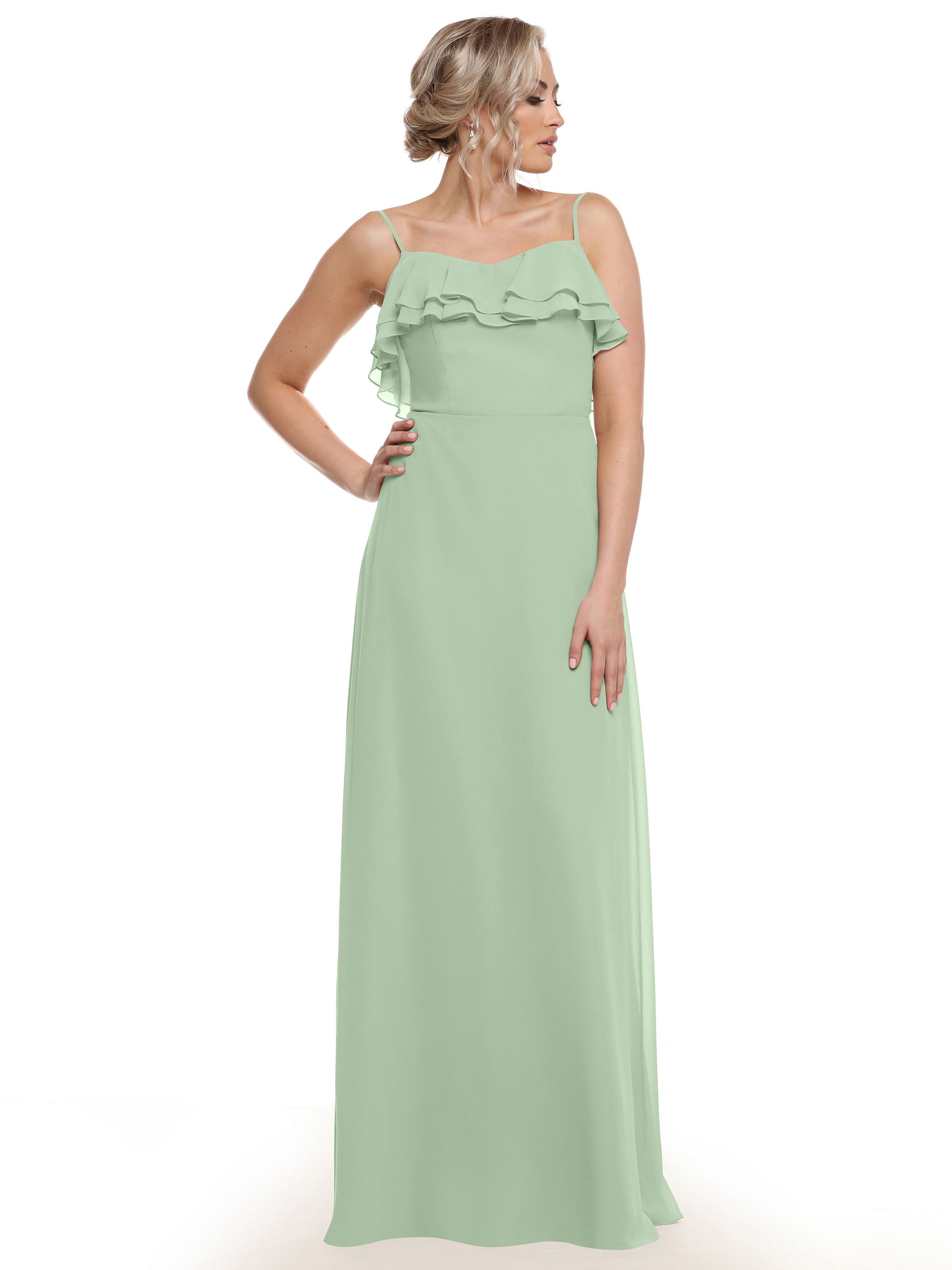 Elegant 80146 Chiffon Bridesmaid Dress with Ruffled Neckline - Perfect for Weddings, Formal Events & Special Occasions