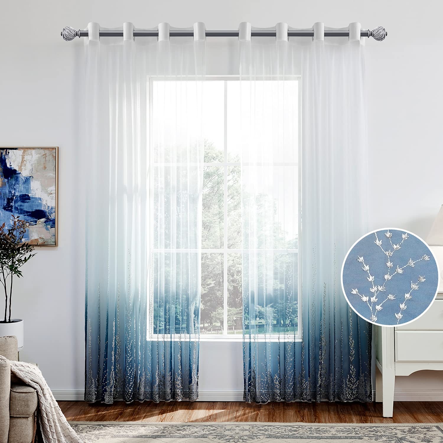 Hofamplly Green Sheer Curtains 63 Inch Length Silver Tree Branch Sheer Grommet Curtains Set - Semi Sheer Window Drapes for Bedroom, Living Room, Kitchen - 2 Panels 100