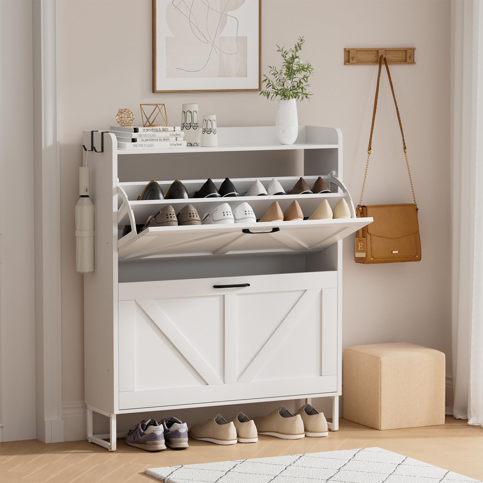EOYUTLLY Narrow Shoe Cabinet for Entryway - Freestanding Shoe Storage Organizer with 2 Flip Drawers, Hidden Shoe Rack with Metal Legs, White - Perfect for Small Spaces, Hallway & Closet Organization