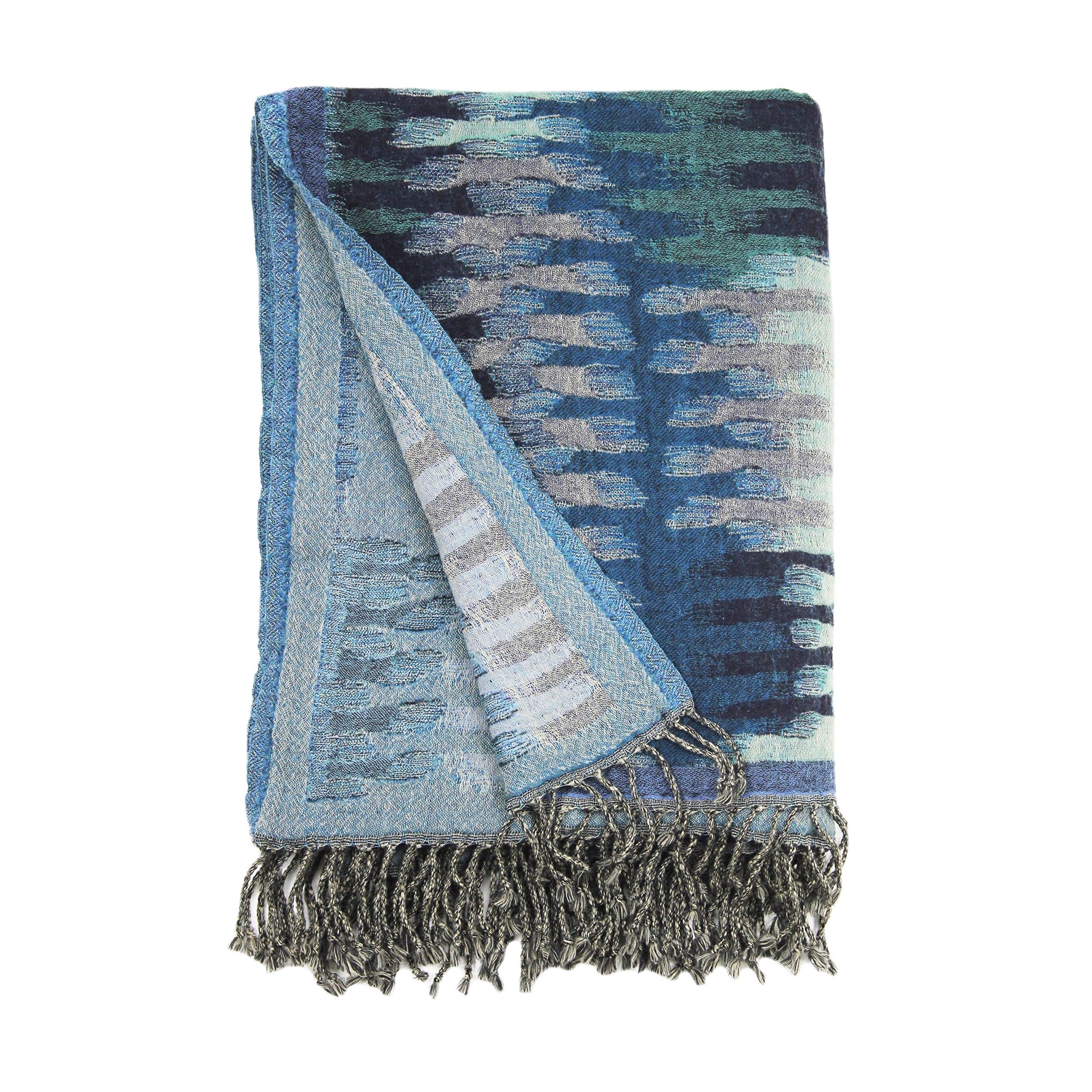 Bohemian Wool Ikat Throw Blanket - Handwoven Blue Yarn Dyed Cotton Afghan - Cozy Sofa & Bed Decor for Living Room, Bedroom, Nursery