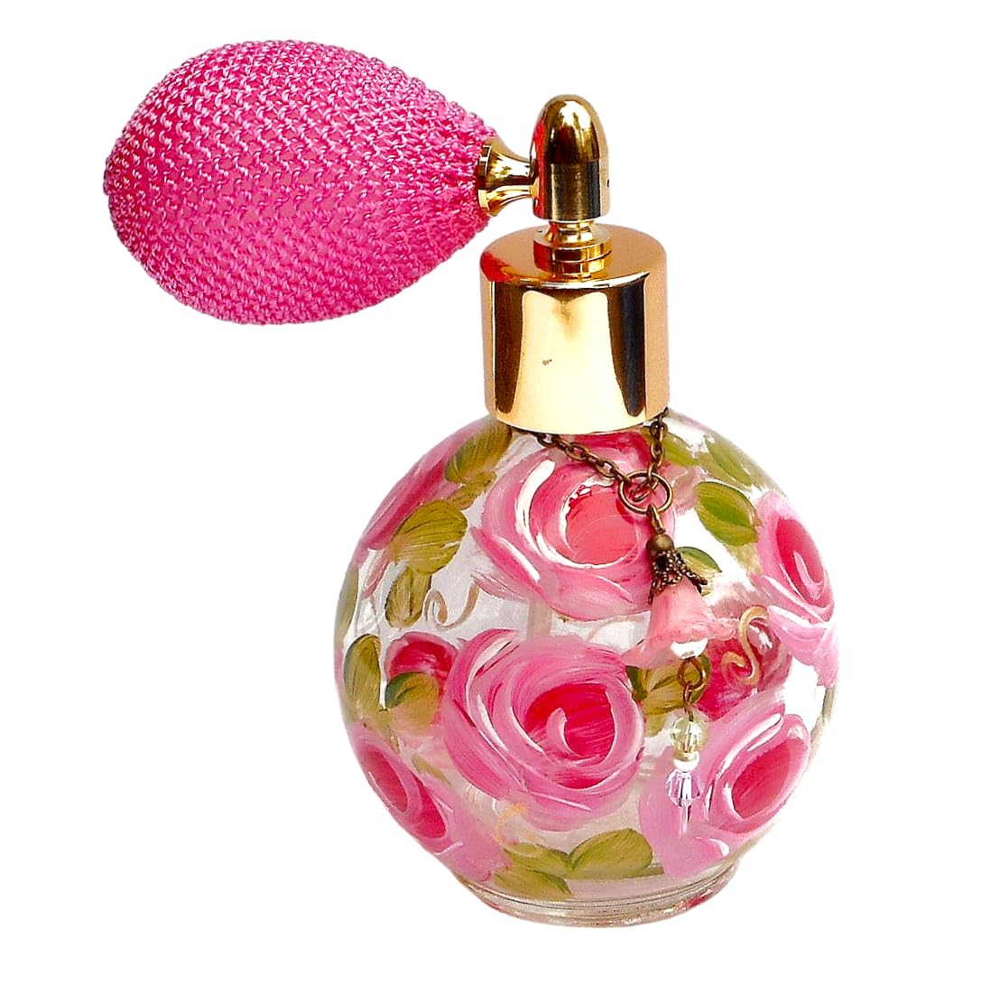 Elegant Refillable Glass Perfume Bottle with Hand-Painted Pink Roses & Crystal Pearls - Perfect for Travel, Gift Giving & Vanity Decor