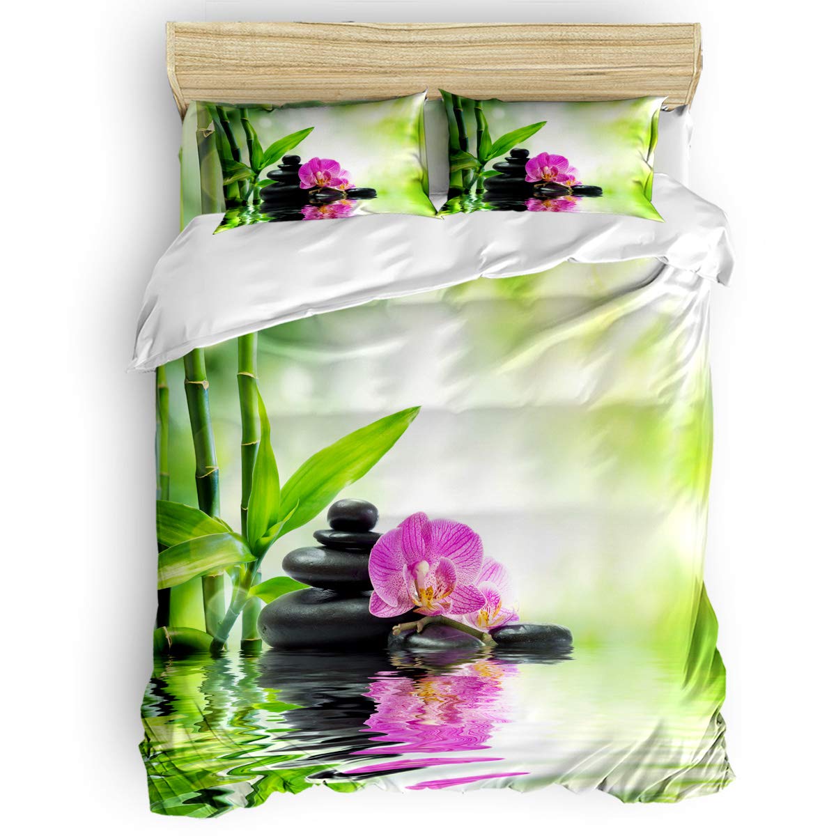Danhongi Twin Duvet Cover Set 4 Pieces - Japanese Zen Garden Bamboo Stone Phalaenopsis Bedding Set for Women & Men, Includes 1 Duvet Cover + 1 Bed Sheet + 2 Pillowcases - Perfect for Zen Bedroom Decor, Guest Room & Meditation Space