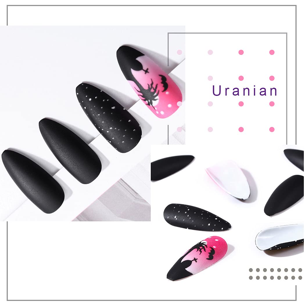 Gothic Almond Acrylic Fake Nails 24pcs - Matte Pink French Cross Design with Black Spots | Long Press on False Nails | Full Cover Stiletto Halloween Nails for Women & Girls (Pattern C) | Perfect for Costume Parties, Gothic Fashion & Special Occasions