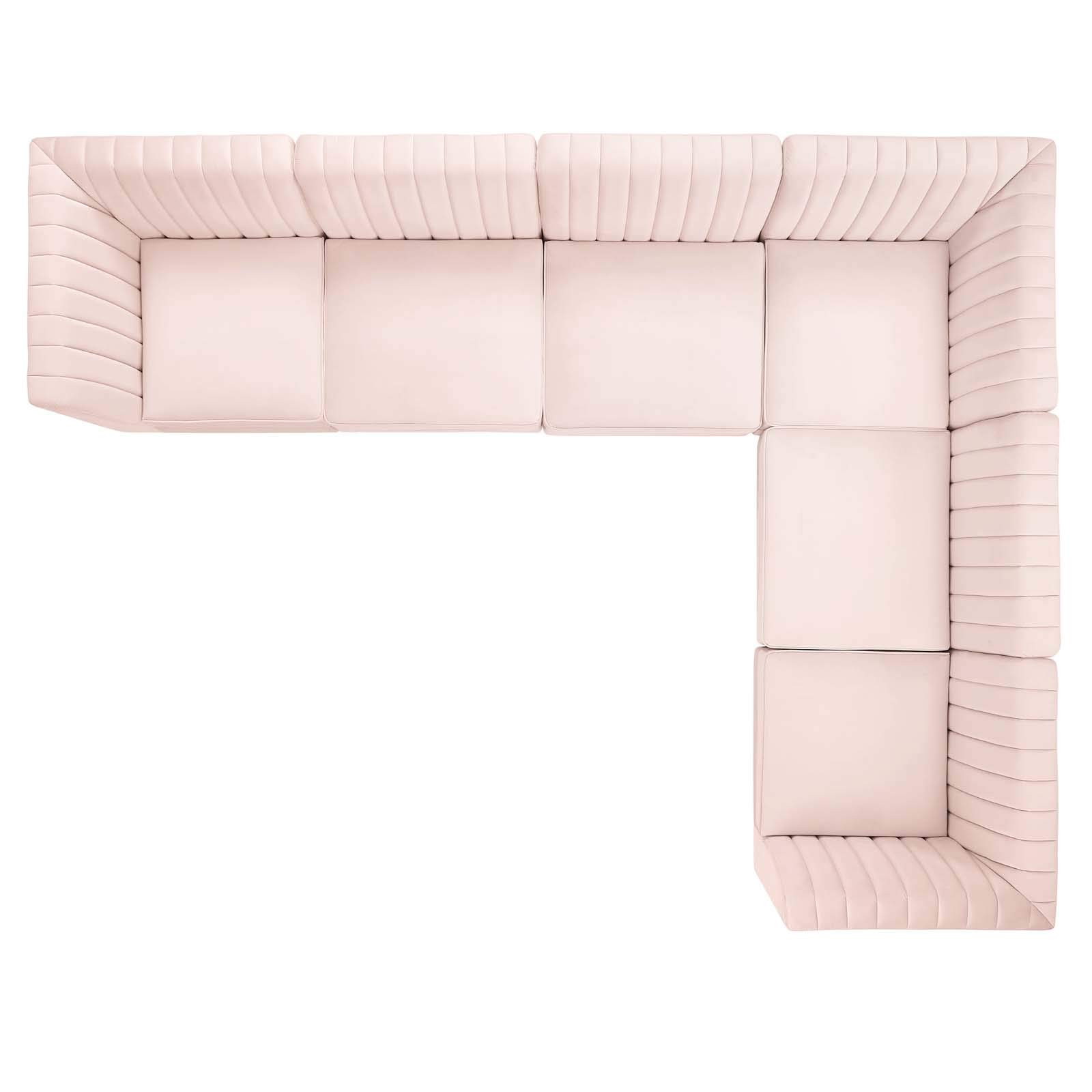 Modway Triumph Channel Tufted Performance Velvet 6-Piece Sectional Sofa in Pink - Modern Living Room Furniture for Small Spaces & Apartments