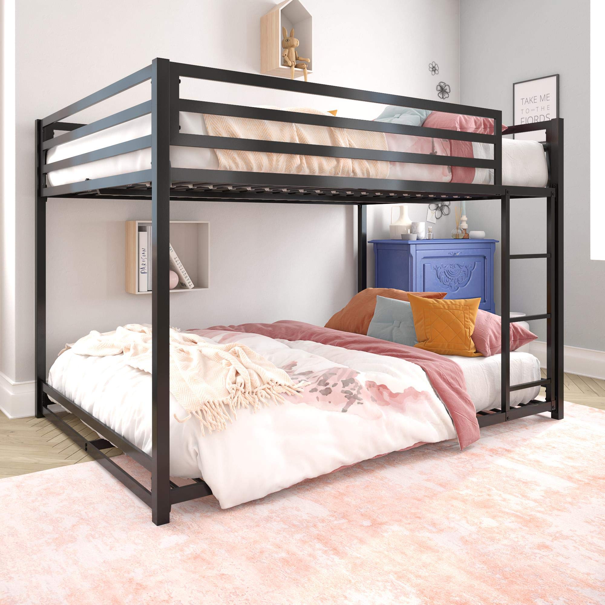DHP Miles Low Metal Bunk Bed Frame for Kids - Full Over Full Size with Built-in Ladder & High Guardrail | Sturdy Metal Slats, No Box Spring Needed | Space Saving Design for Small Rooms | Perfect for Kids' Bedrooms, Dormitories & Guest Rooms (Black)