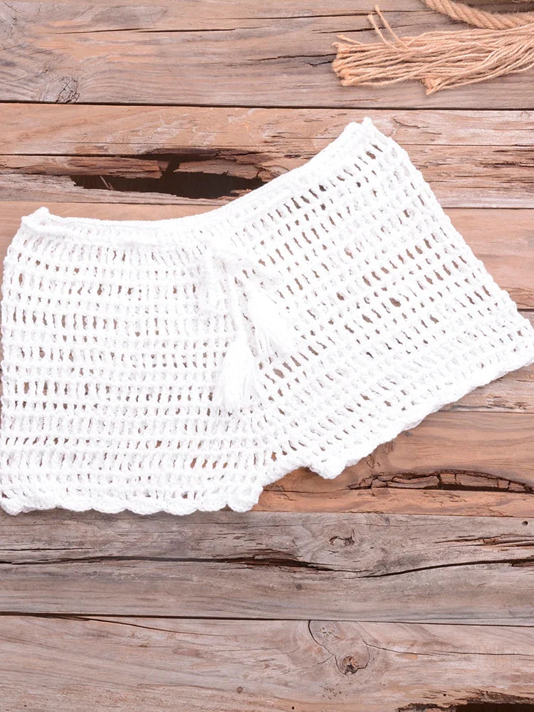 Crochet Hollow Out Tassel Beach Cover Up - Sexy Women's Mini Top Bikini Swimwear Bathing Suit Cover Up for Summer Vacation, Pool Party & Beach Day