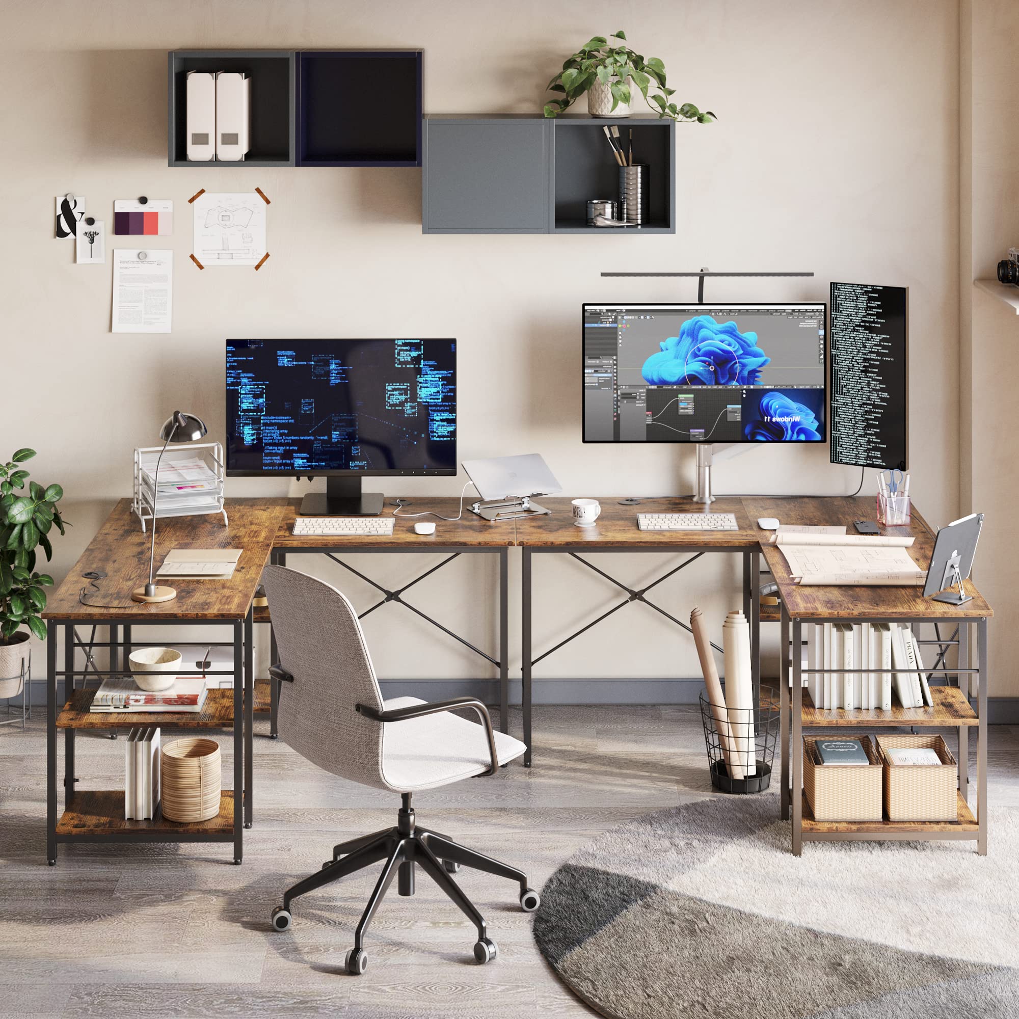Bestier 86.6 Inch L-Shaped Desk with Shelves - Reversible Corner Computer Desk for Home Office, Gaming & Study | Large Workstation with Storage & 3 Cable Holes | Rustic Brown Finish | Perfect for Small Spaces & Shared Workspaces