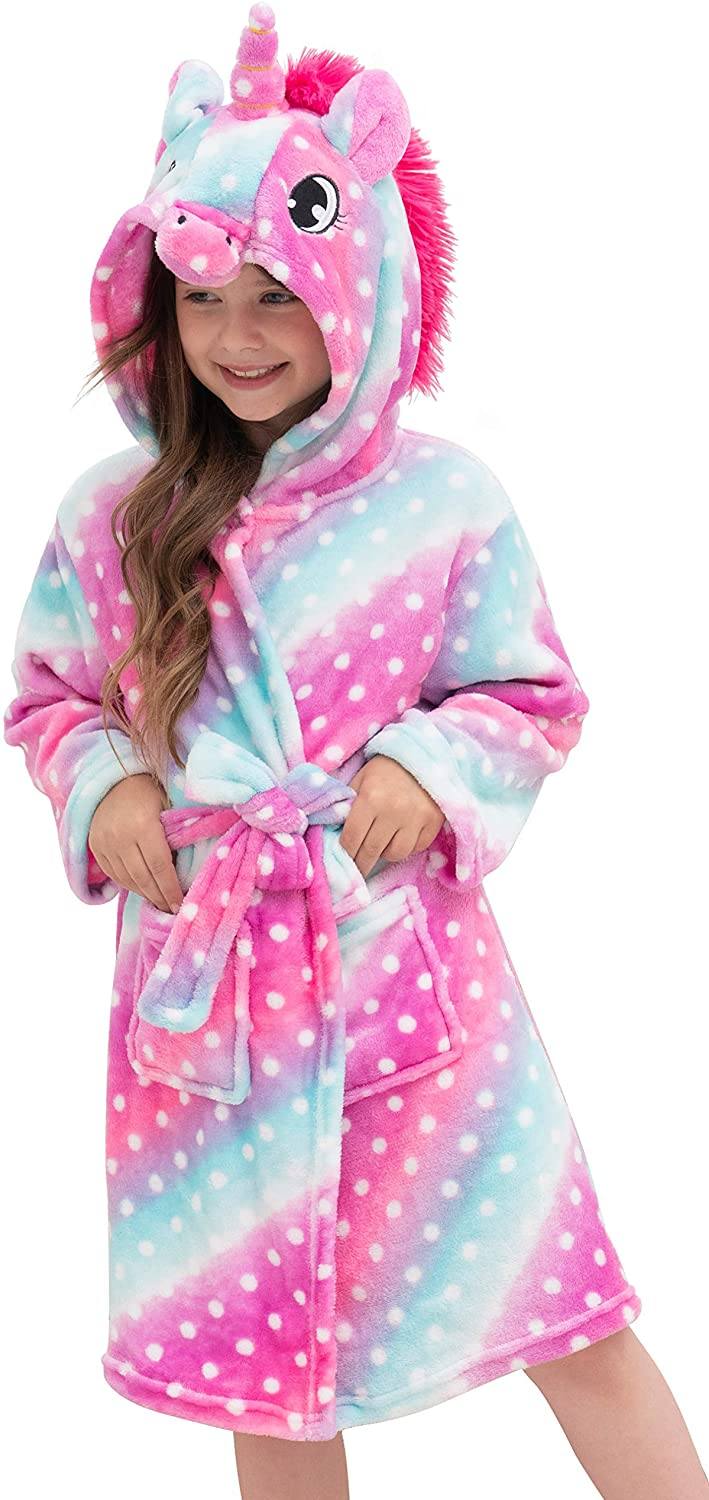 Soft & Cozy Unicorn Dots Bathrobe for Women & Girls - Plush Fleece Robe with Hood for Spa, Lounge & Relaxation at Home