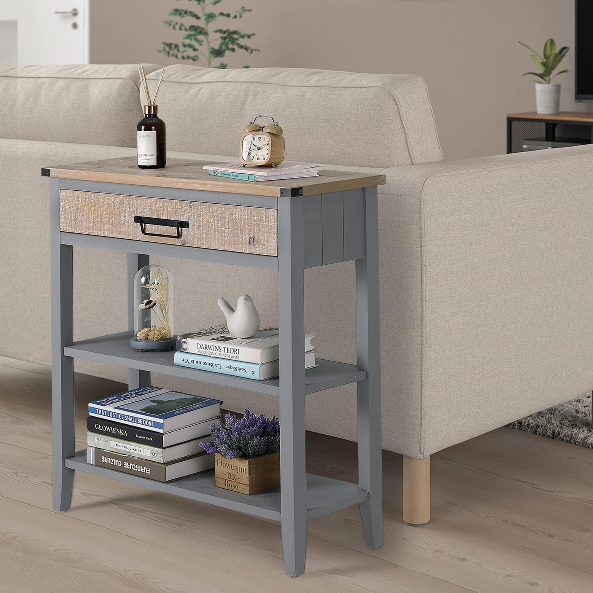 Rustic Farmhouse Console Table with Drawer - 3-Tier Entryway Table with Open Storage Shelves & Handmade Metal Handle - Narrow Sofa Table for Living Room, Hallway, Foyer - Perfect for Small Spaces & Home Decor (Grey)