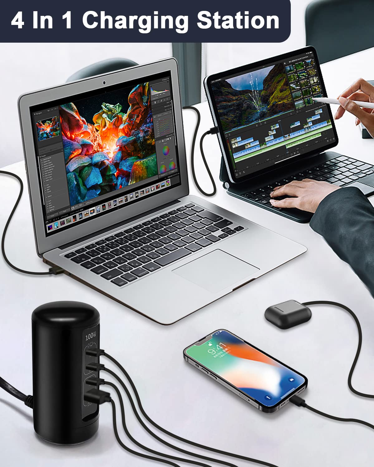 100W USB C GaN Fast Charger, 4-Port PD Charging Station for MacBook Pro/Air, iPad Pro/Air, iPhone 13/14/15 Series, Dell XPS 15, Samsung Galaxy, Google Pixel - Compact Power Hub for Home, Office & Travel