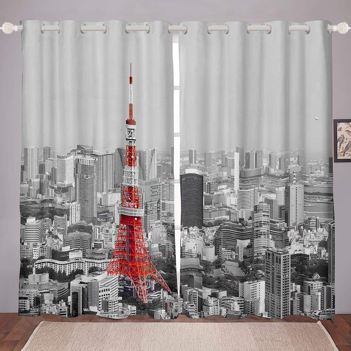Feelyou Paris Themed Red Eiffel Tower Curtains - Vintage Gray Cityscape Printed Window Drapes for Bedroom & Living Room (42x63 Inch, 2 Panels) - Perfect for Boys & Girls Rooms, French Decor & Home Theater Blackout