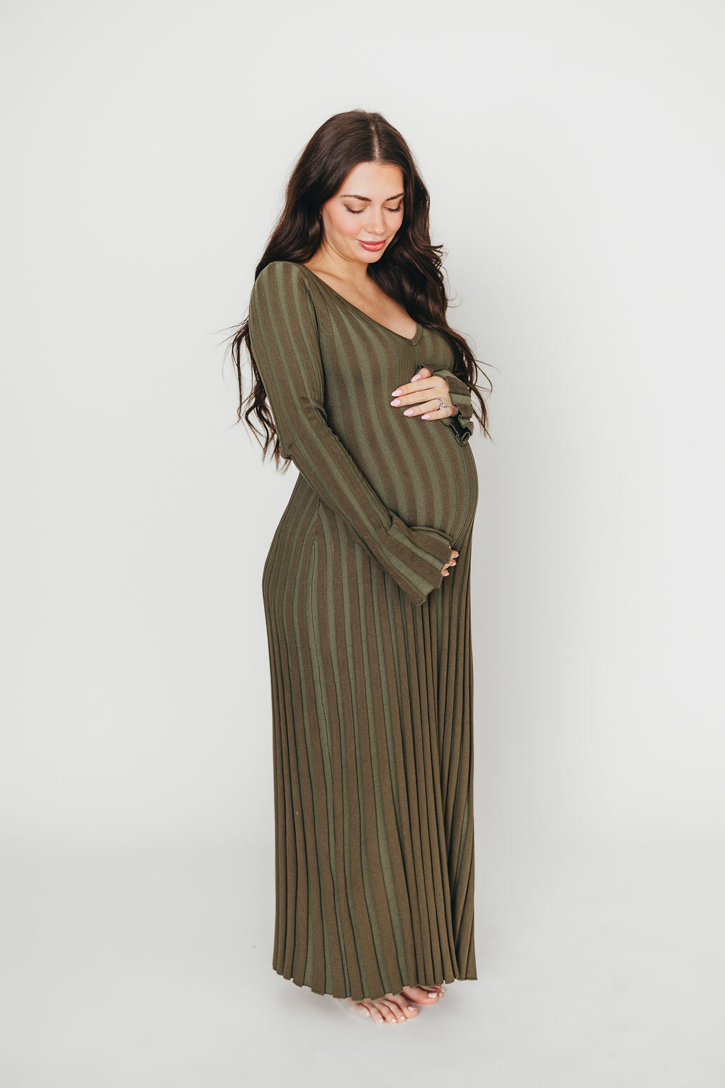 Hadley Long Sleeve V Neck Knit Maxi Dress in Olive - Bump Friendly Maternity Dress for Pregnancy, Nursing & Postpartum | Comfortable Stretchy Fabric for Casual Wear, Date Night & Special Occasions