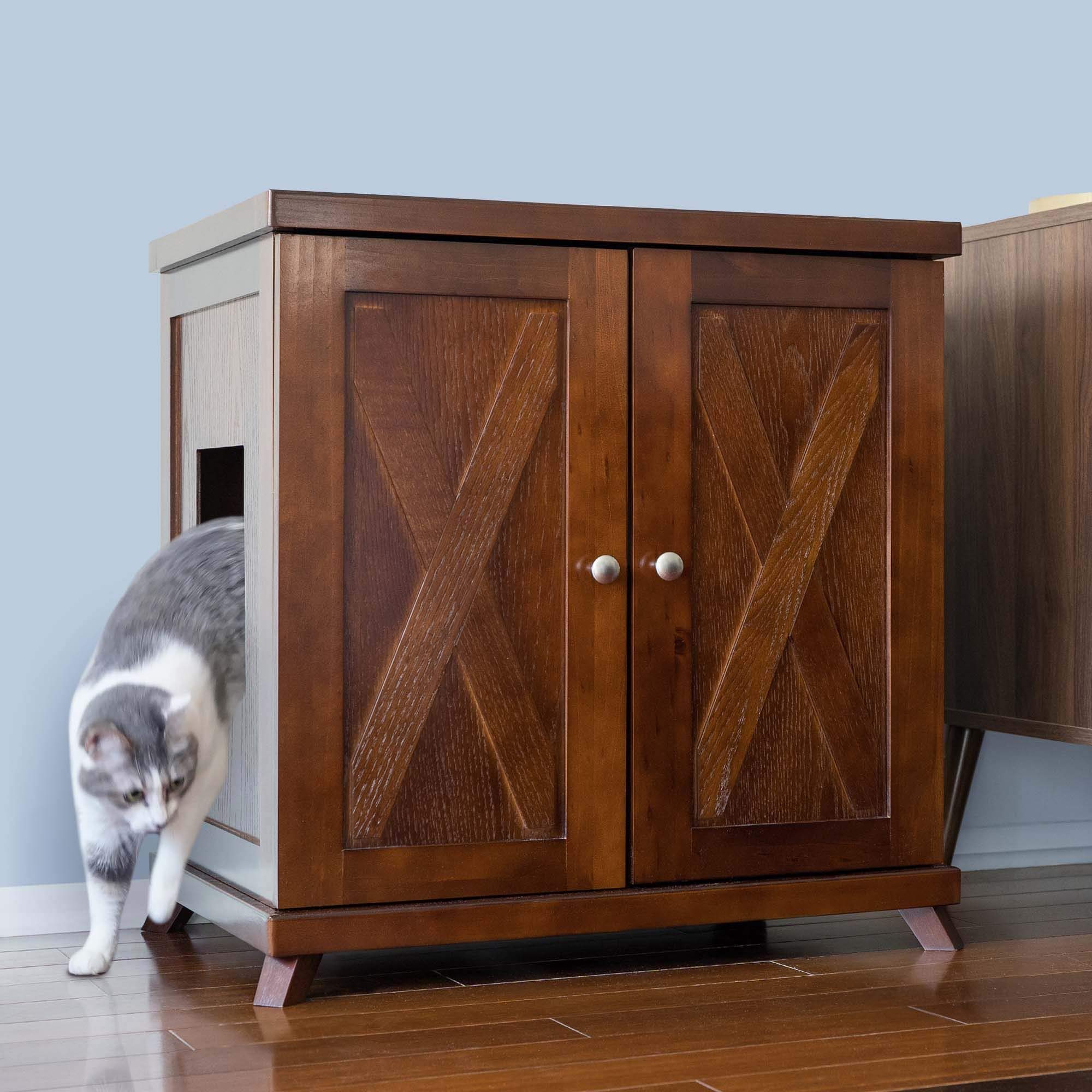Premium Cat Litter Box Enclosure Cabinet - Farmhouse Style Mahogany Brown Hidden Litter Box Furniture with Drawer & Mid-Century Feet - Perfect for Home Decor & Pet Privacy in Living Rooms, Bedrooms or Apartments