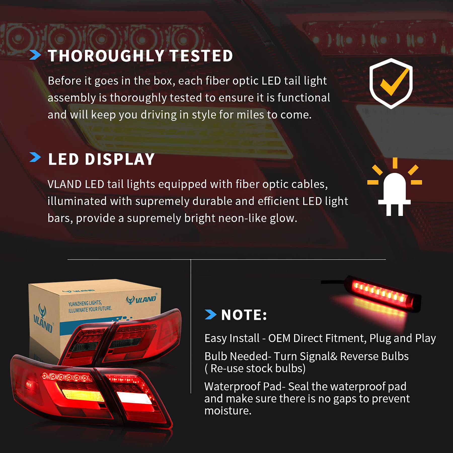 VLAND LED Tail Lights for Toyota Camry 2007-2011 - 3D Light Bar Design, Red Smoke Lens (Excludes LE & Hybrid Models) | Direct Replacement for Factory LED Rear Lights | Perfect for Night Driving & Car Customization