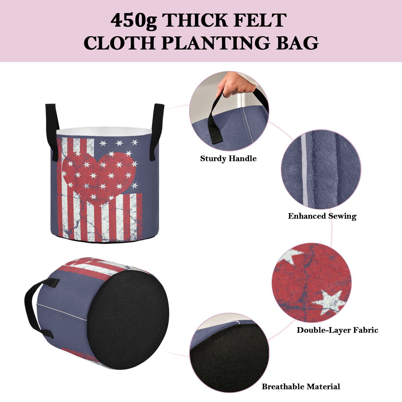 USA Flag Grunge Style Fabric Grow Bags - Patriotic Plant Pots for Vegetables, Potatoes & Herbs | Breathable Aeration Container for 4th of July, Memorial Day & Independence Day Gardening - Perfect for Outdoor Planting, Home Gardens & Patriotic Decor