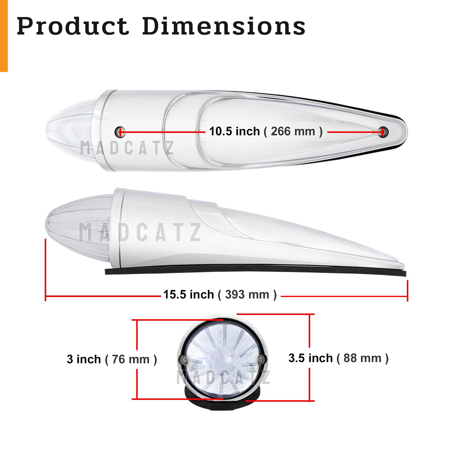 MADCATZ 15.5 Inch Amber LED Clear Lens Torpedo Cab Marker Lights (Pack of 5) - 12V DC Waterproof Roof Running Lights for Trucks & Trailers - Durable Chrome Housing for Heavy Duty Vehicles | Perfect for Semi Trucks, RV Campers, Commercial Trailers & Off-Road Vehicles
