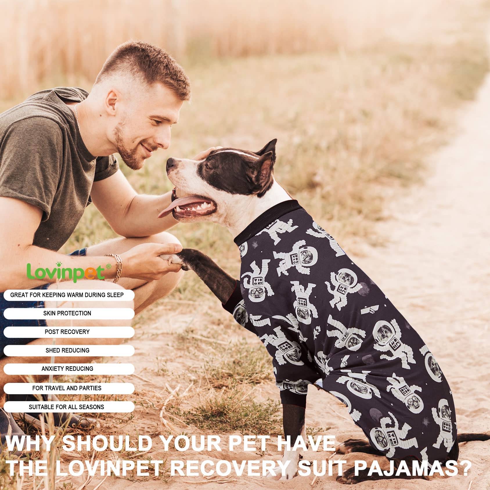LovinPet Dog Pajamas for Large Breeds - Slim Fit Lightweight Pullover PJs with Full Coverage, Outer Space Astronaut Print - Perfect for Pitbulls & XL Dogs (2XL) - Cozy Nightwear for Indoor Lounging & Cute Photo Ops