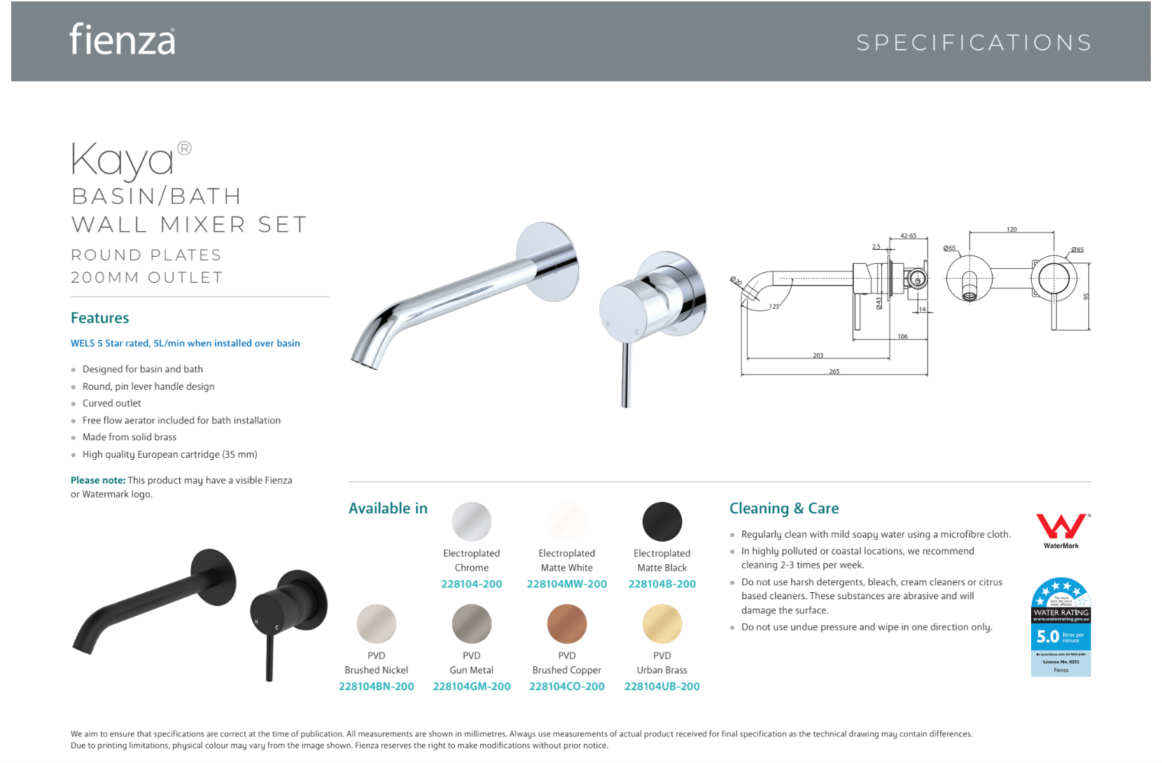 Fienza Kaya D228104CO 200mm Wall Mounted Basin/Bath Mixer Tap with Round Plate in Brushed Copper Finish - Perfect for Modern Bathroom and Spa Decor