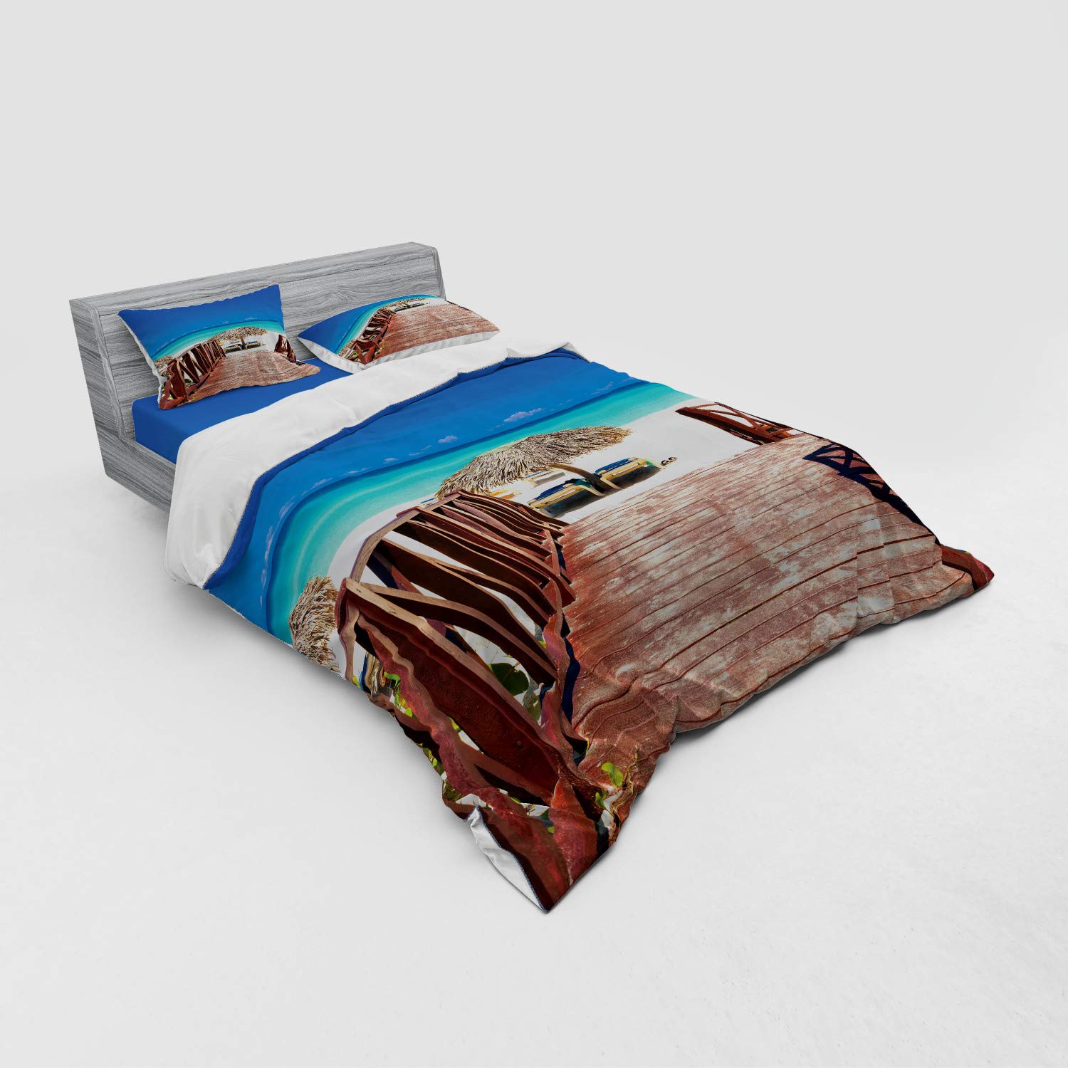 Ambesonne Beach Duvet Cover Set - 4 Piece Queen Size Bedding with Shams & Fitted Sheet | Tropical Cuba Summer Ocean Design in Chocolate Navy Turquoise | Perfect for Beach House, Vacation Rental & Coastal Bedroom Decor