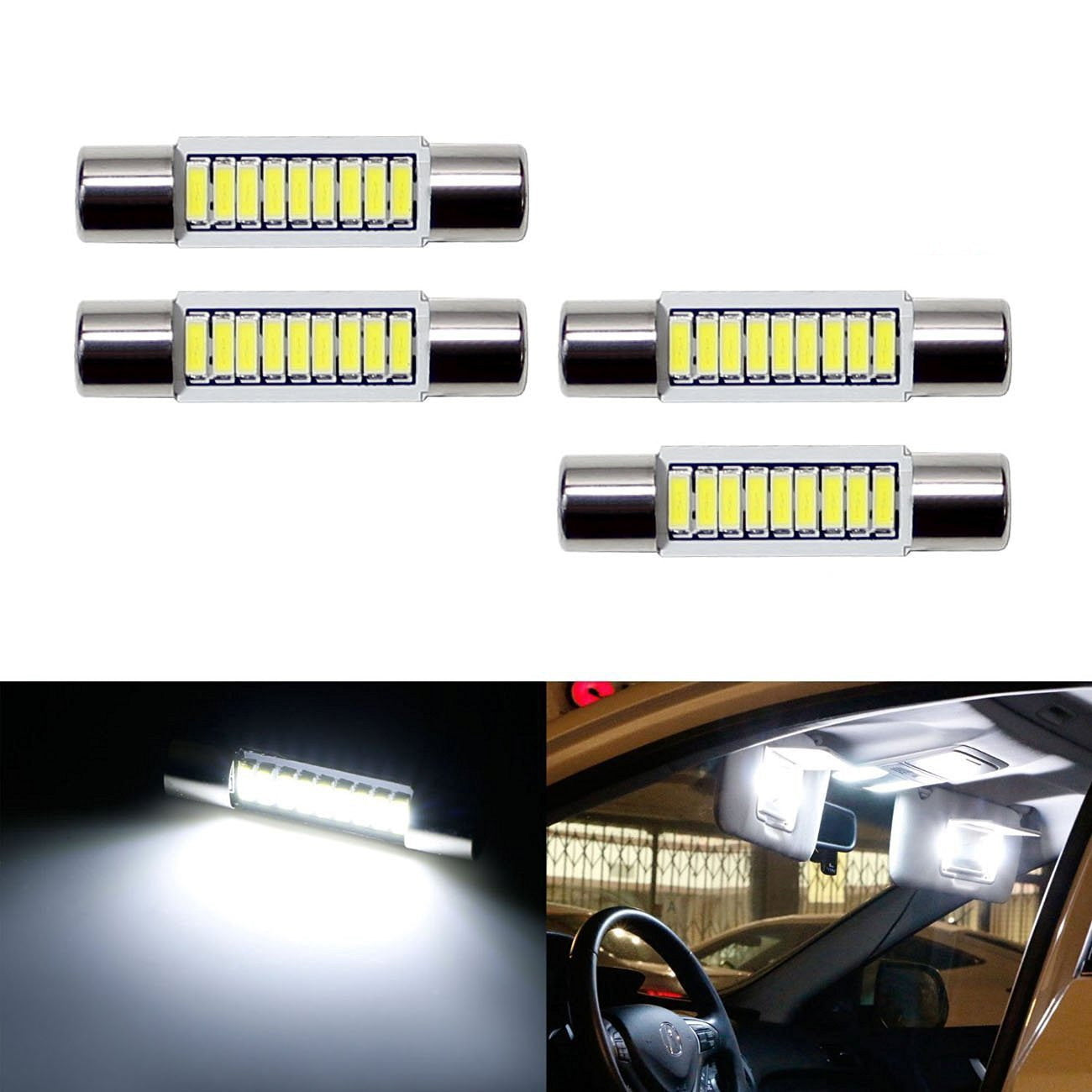 4-Piece White 9 SMD 29mm 6641 LED Bulbs - Replacement Lights for Car Vanity Mirror & Sun Visor - Perfect for Interior Lighting, Night Driving, and Makeup Application