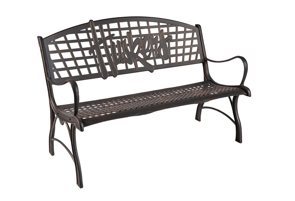 Nebraska Huskers Outdoor Iron Bench - Durable Garden Bench for Patio, Yard, and Tailgating - Perfect for Cornhuskers Fans