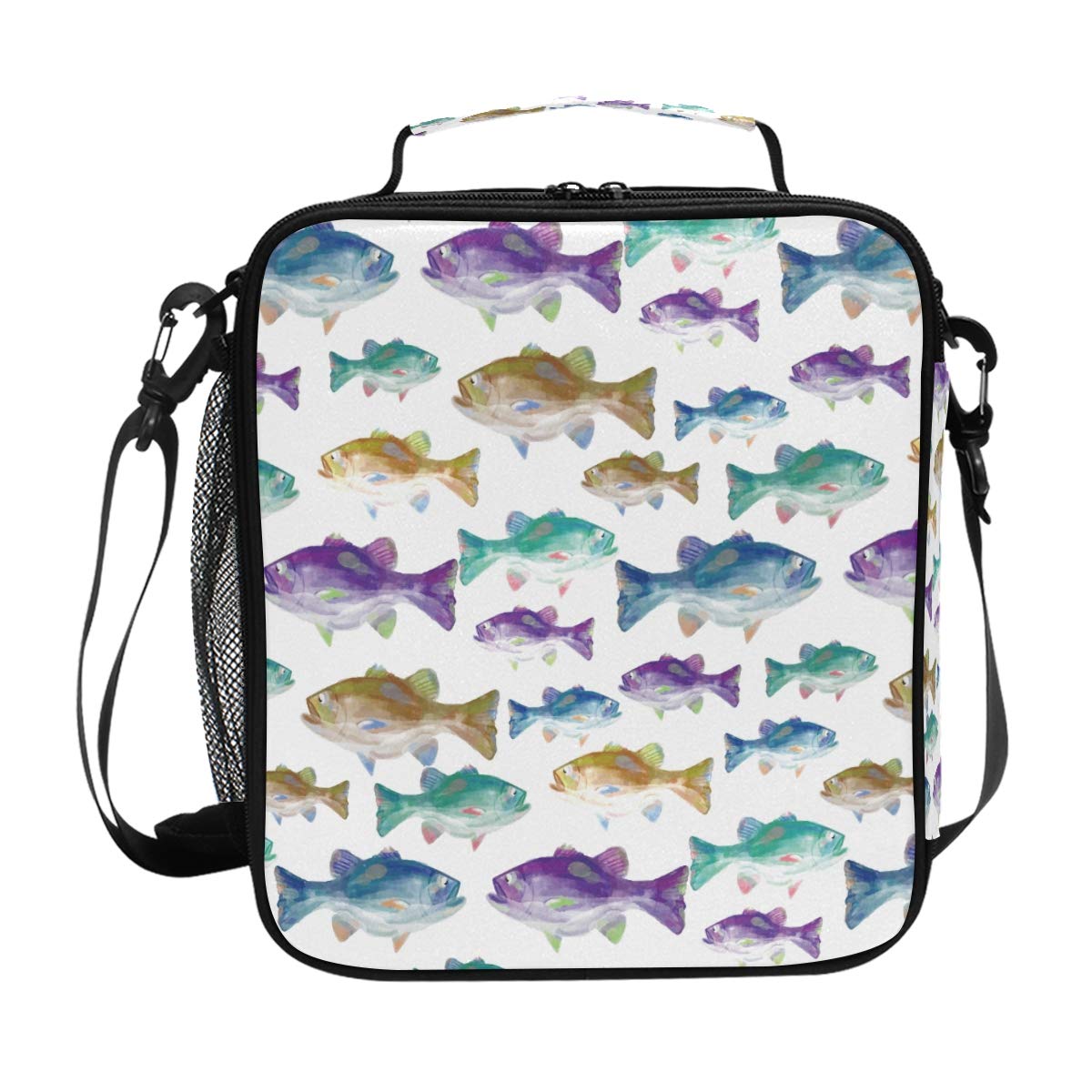 **Insulated Lunch Box Bag with Shoulder Strap - Watercolor Bass Fish Design in Purple & Green, Thermal Cooler Tote for Food Storage - Perfect for Travel, Office, School, Picnic & Outdoor Activities**