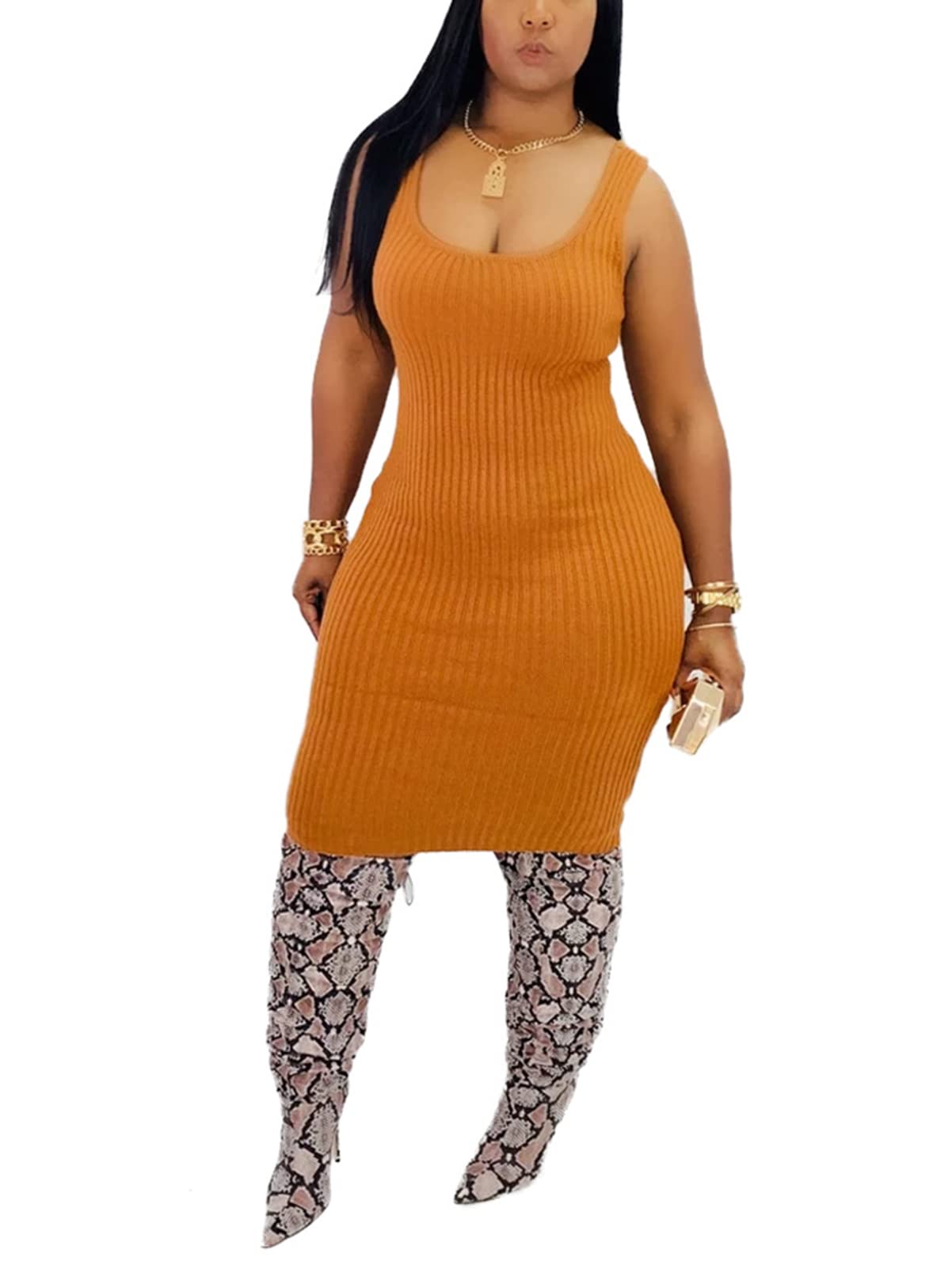 Women's Knitted Long Sleeve Turtleneck Sweater & Tank Bodycon Midi Dress 2-Piece Outfit Set - Winter Fashion, Date Night, Office Wear, Casual Chic Outfits