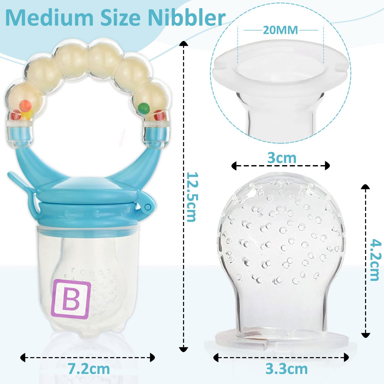 Bembika Baby Nibbler Ring - Blue Silicone Pacifier & Food Feeder for 6-9 Month Old Infants - Safe Teething Toy & Fruit Feeder for Easy Baby Feeding at Home or Travel