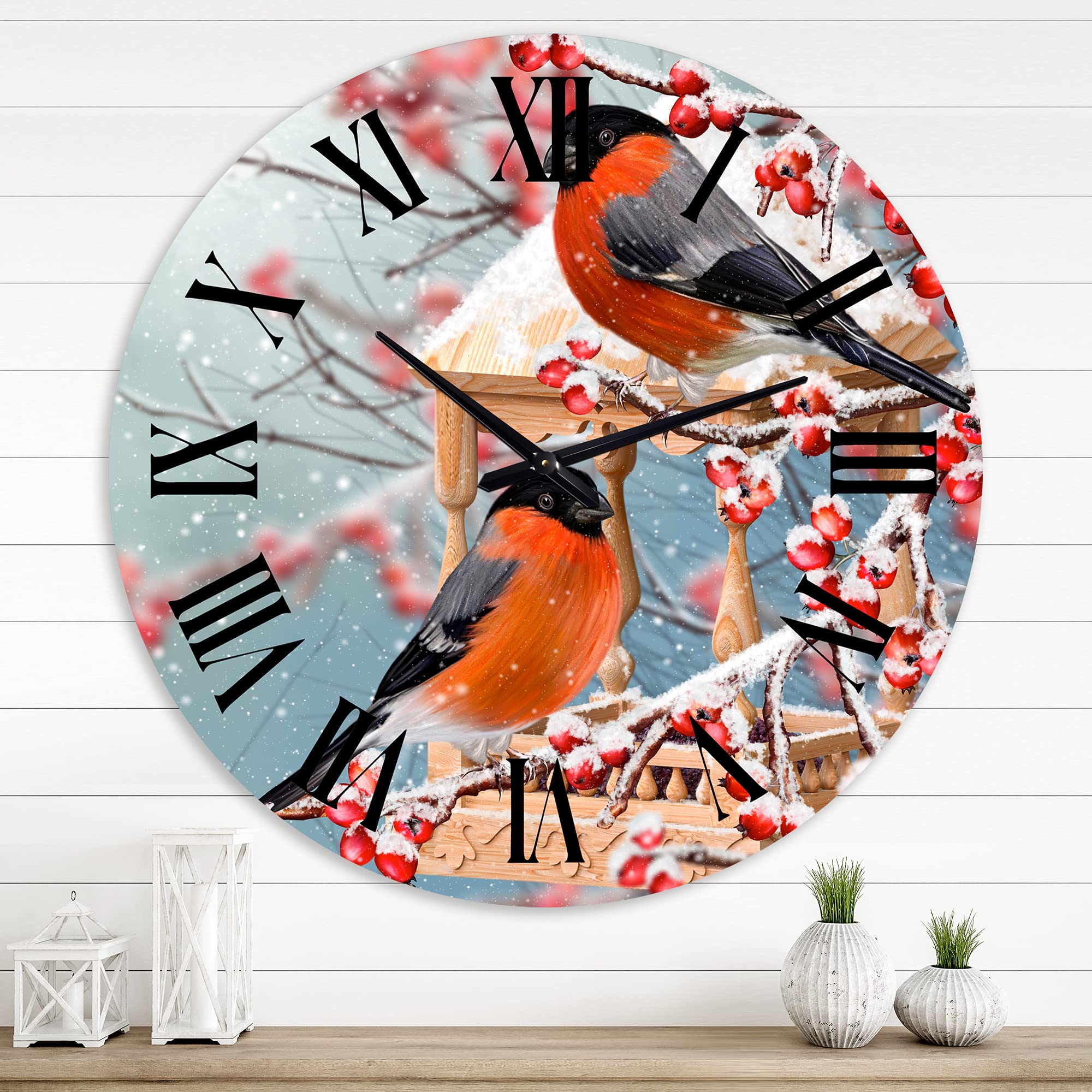 DesignQ Traditional Large Wall Clock - Snowy Branch with Two Birds, Perfect for Kitchen, Living Room & Home Decor | Silent Non-Ticking Modern Clock