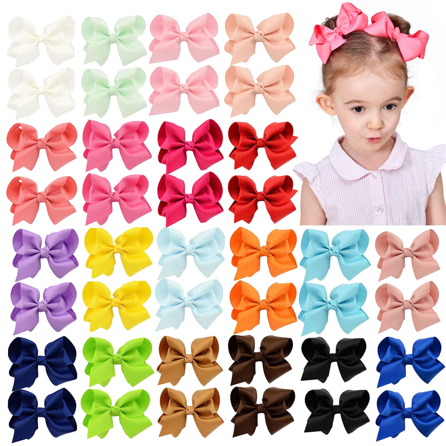 40PCS 4.5 Inch Hair Bows for Girls - Grosgrain Ribbon Hair Accessories with Alligator Clips for Toddlers, Baby Girls, Kids & Teens (20 Pairs) - Perfect for Parties, School, Holidays & Everyday Wear