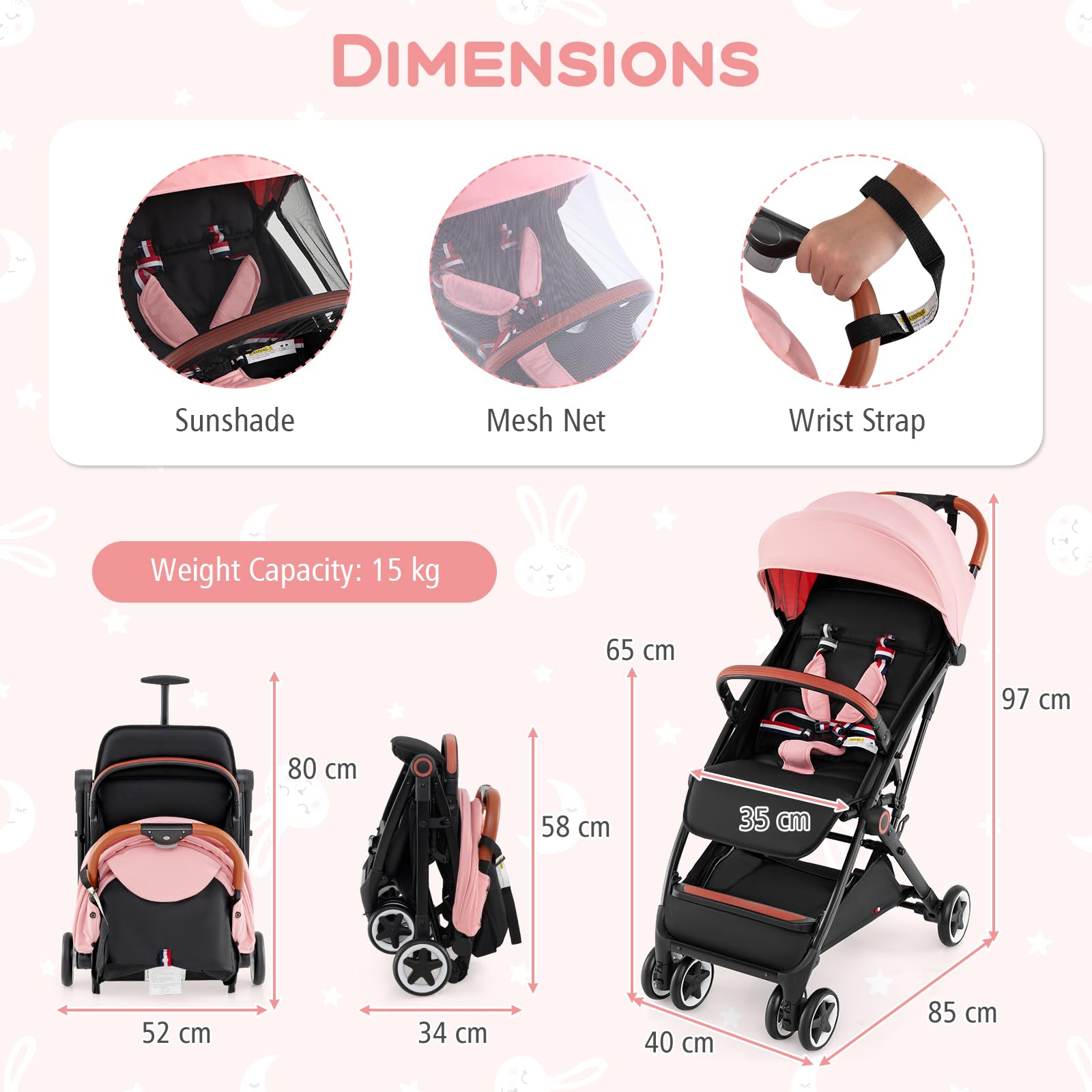 HONEY JOY Lightweight Compact Baby Stroller - One-Hand Fold Travel Stroller for Airplane, Fits Cabin & Overhead Bins, Self-Standing Toddler Stroller with Adjustable Backrest & Canopy (Pink) | Perfect for Air Travel, Shopping, and Daily Walks