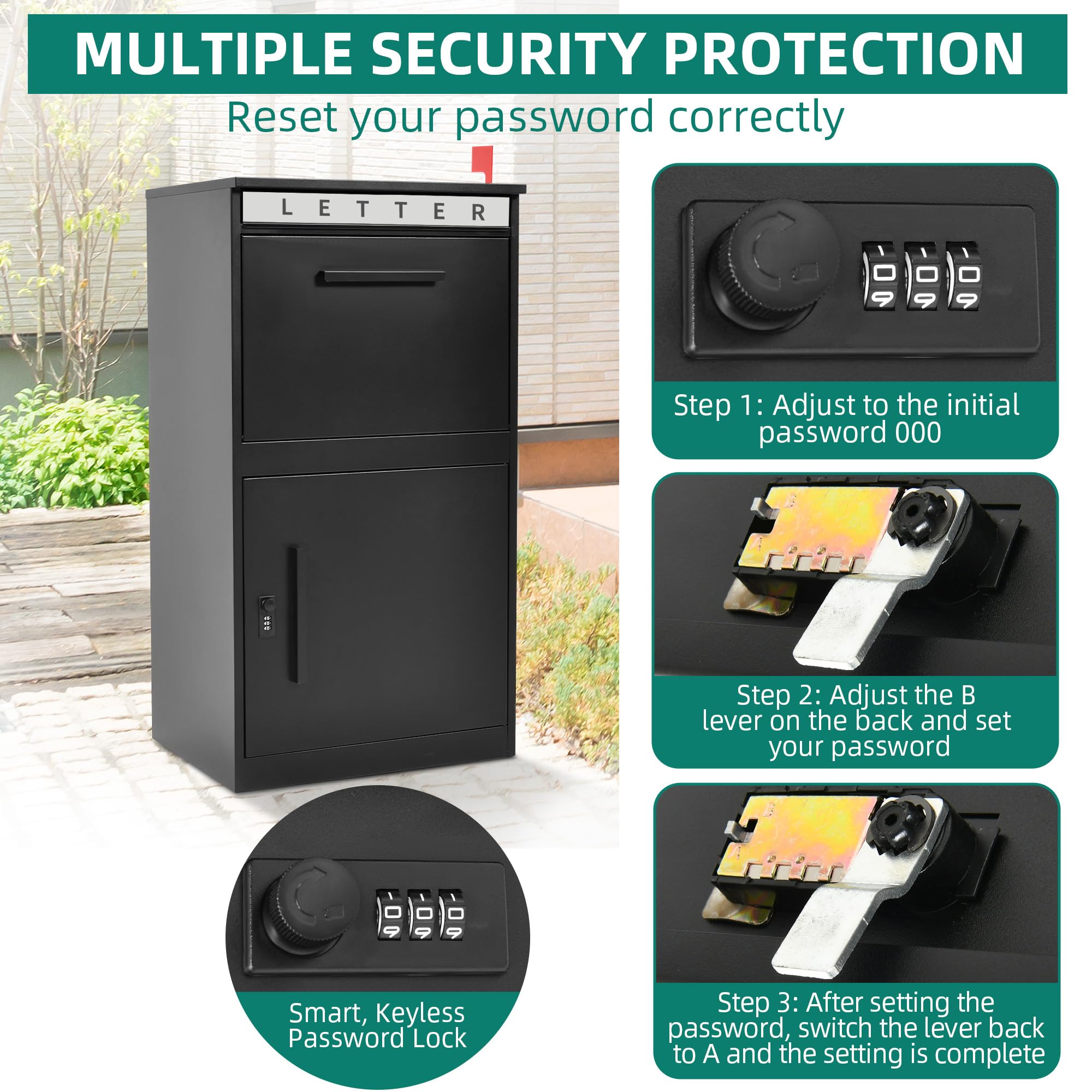 YITAHOME 18.9x15x35.4 Inch Large Outdoor Package Delivery Box with Coded Lock - Waterproof Anti-Theft Parcel Drop Box for House, Porch, Curbside - Perfect for Secure Online Shopping Deliveries & Contactless Package Storage - Black